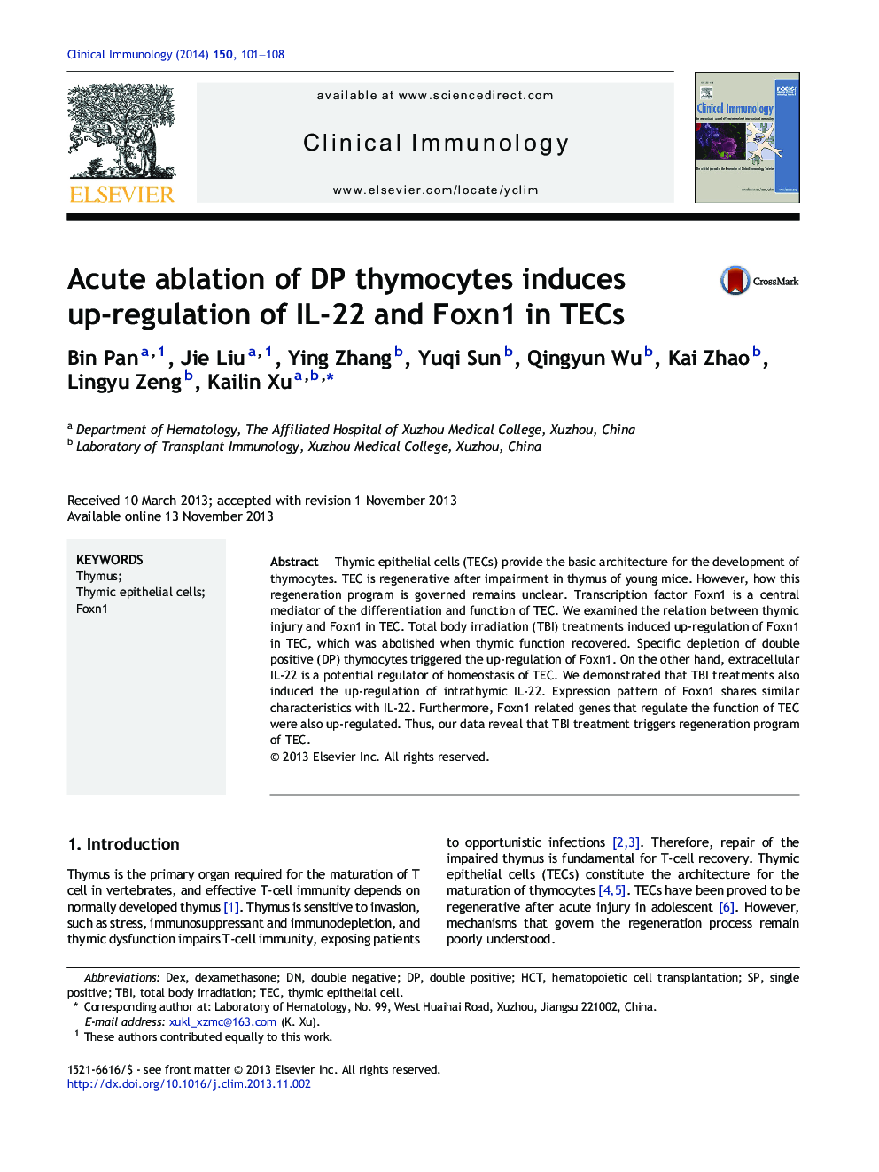 Acute ablation of DP thymocytes induces up-regulation of IL-22 and Foxn1 in TECs