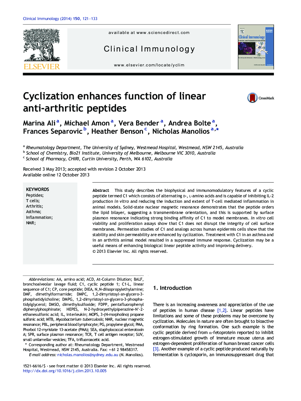 Cyclization enhances function of linear anti-arthritic peptides