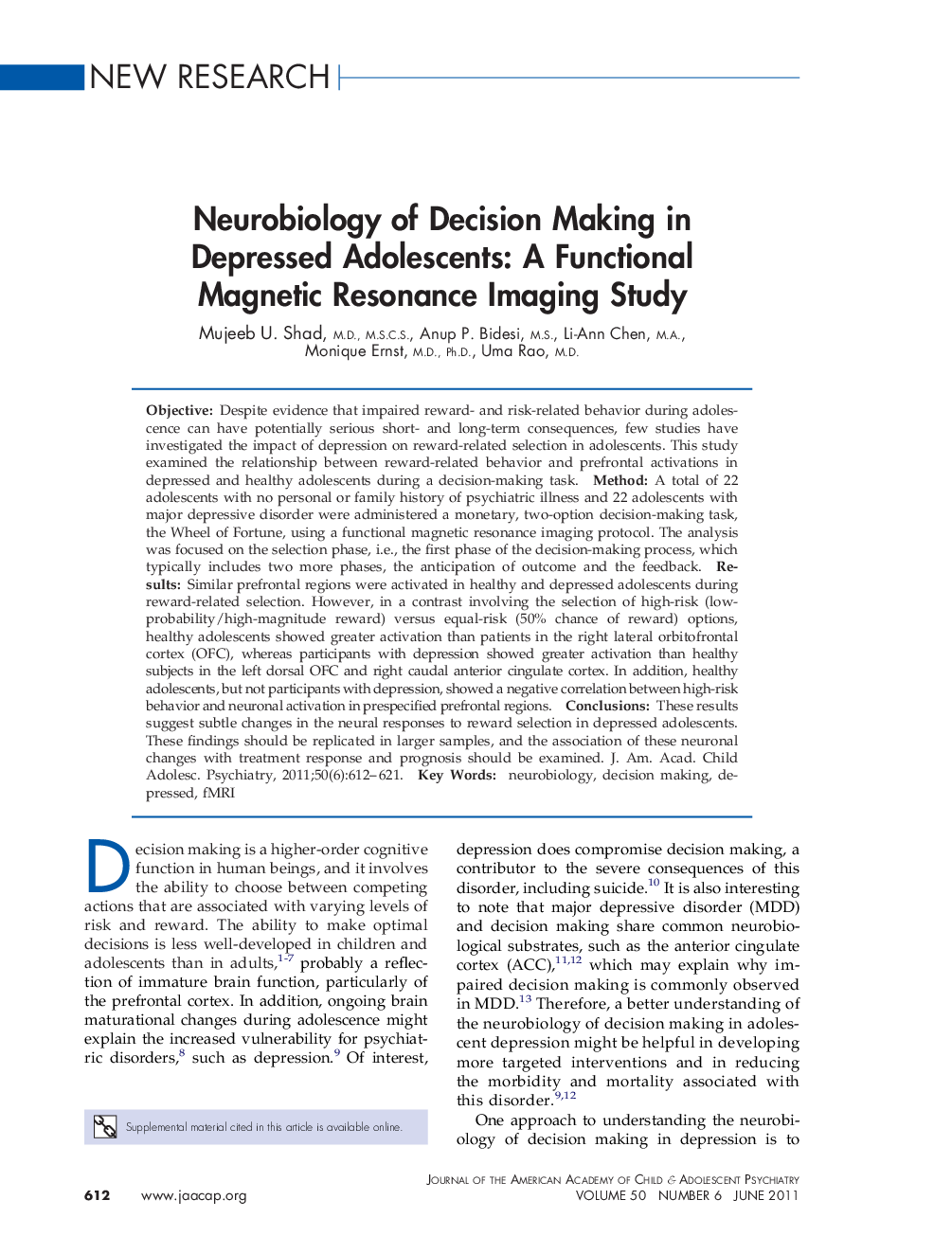 Neurobiology of Decision Making in Depressed Adolescents: A Functional Magnetic Resonance Imaging Study