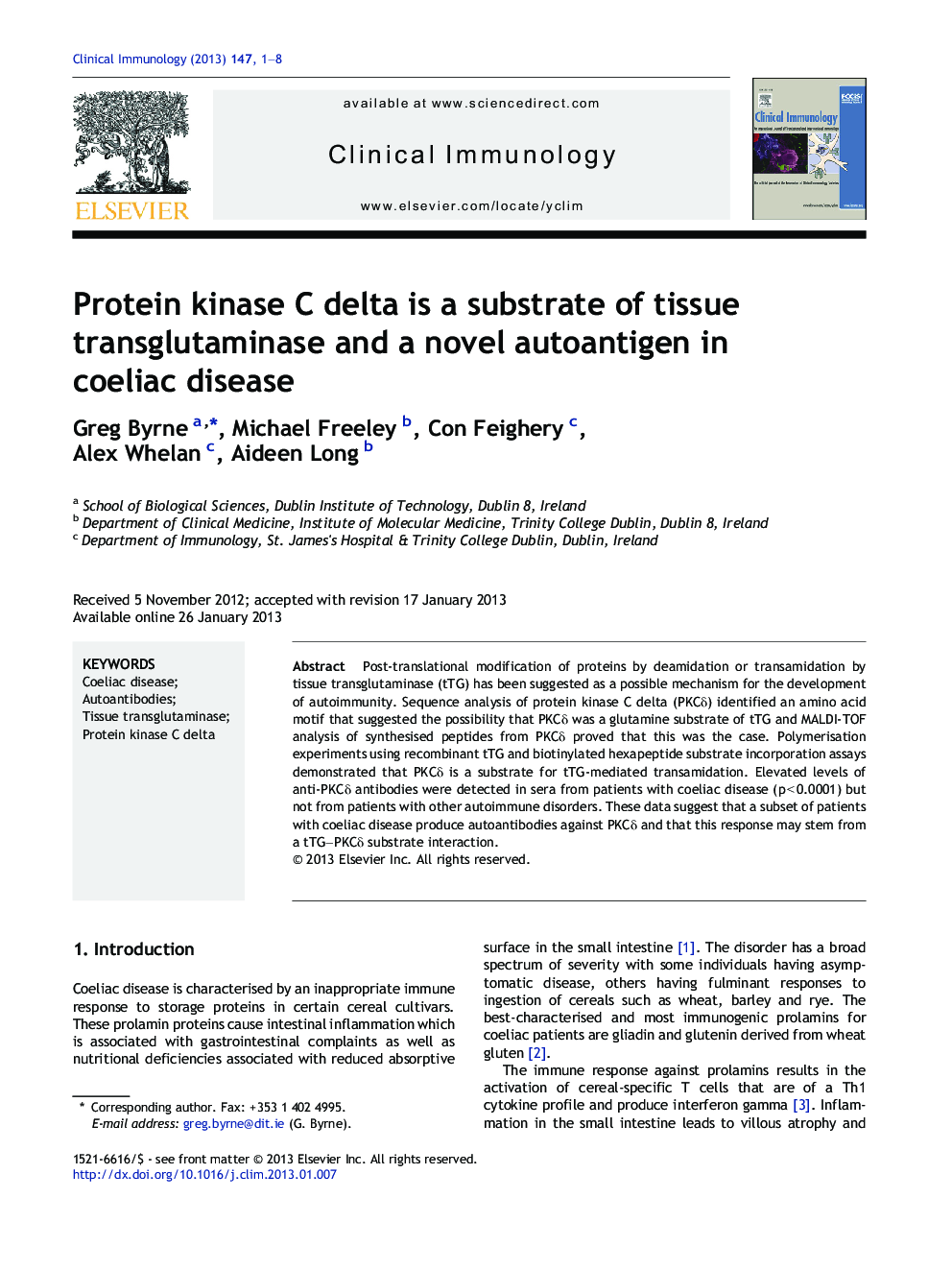 Protein kinase C delta is a substrate of tissue transglutaminase and a novel autoantigen in coeliac disease