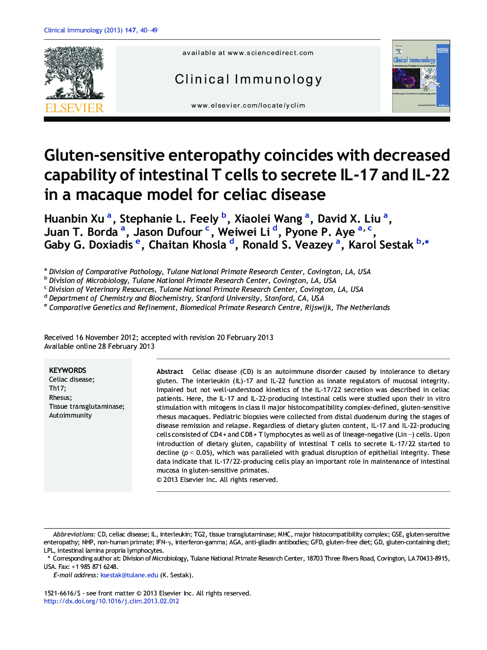 Gluten-sensitive enteropathy coincides with decreased capability of intestinal T cells to secrete IL-17 and IL-22 in a macaque model for celiac disease