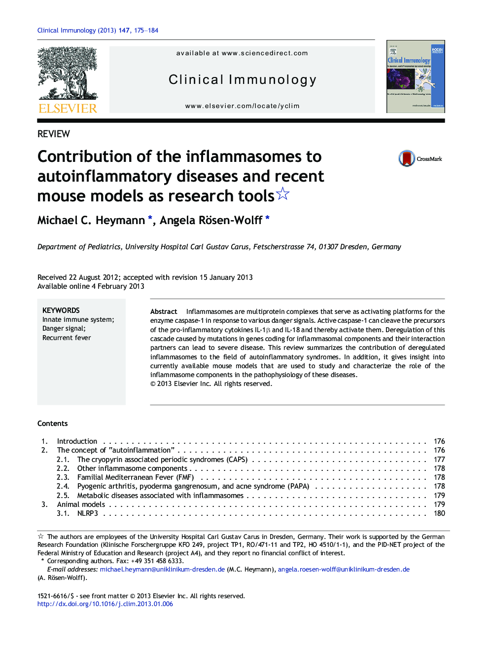 Contribution of the inflammasomes to autoinflammatory diseases and recent mouse models as research tools 