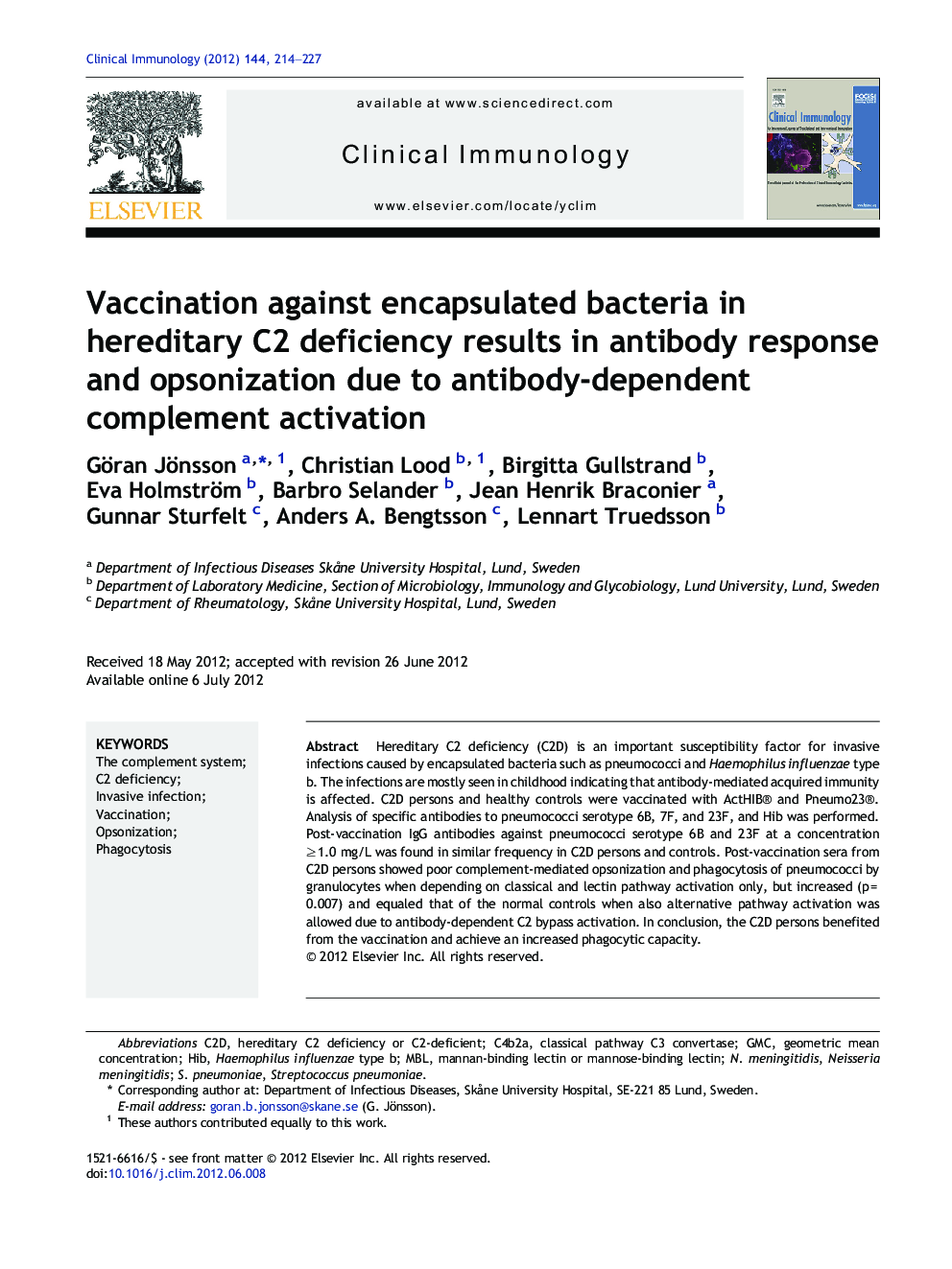 Vaccination against encapsulated bacteria in hereditary C2 deficiency results in antibody response and opsonization due to antibody-dependent complement activation