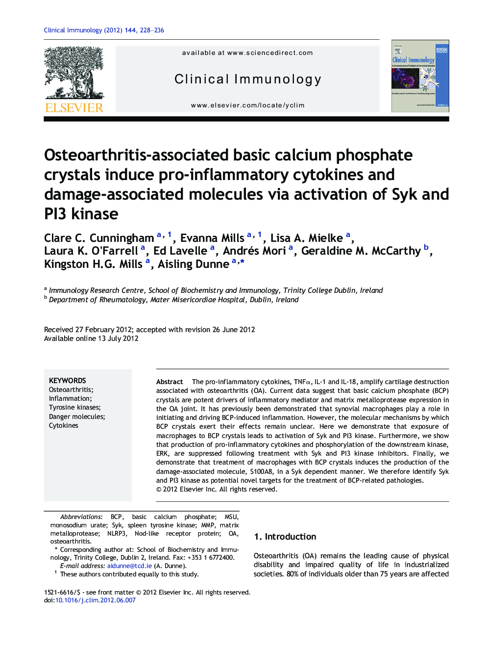 Osteoarthritis-associated basic calcium phosphate crystals induce pro-inflammatory cytokines and damage-associated molecules via activation of Syk and PI3 kinase