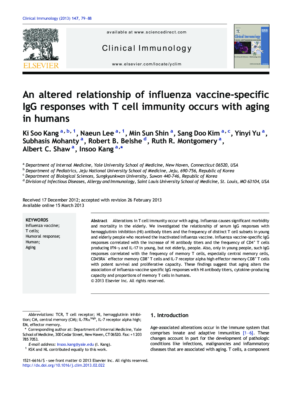 An altered relationship of influenza vaccine-specific IgG responses with T cell immunity occurs with aging in humans