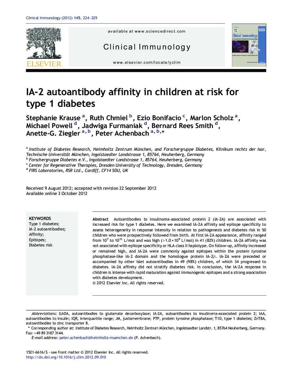 IA-2 autoantibody affinity in children at risk for type 1 diabetes