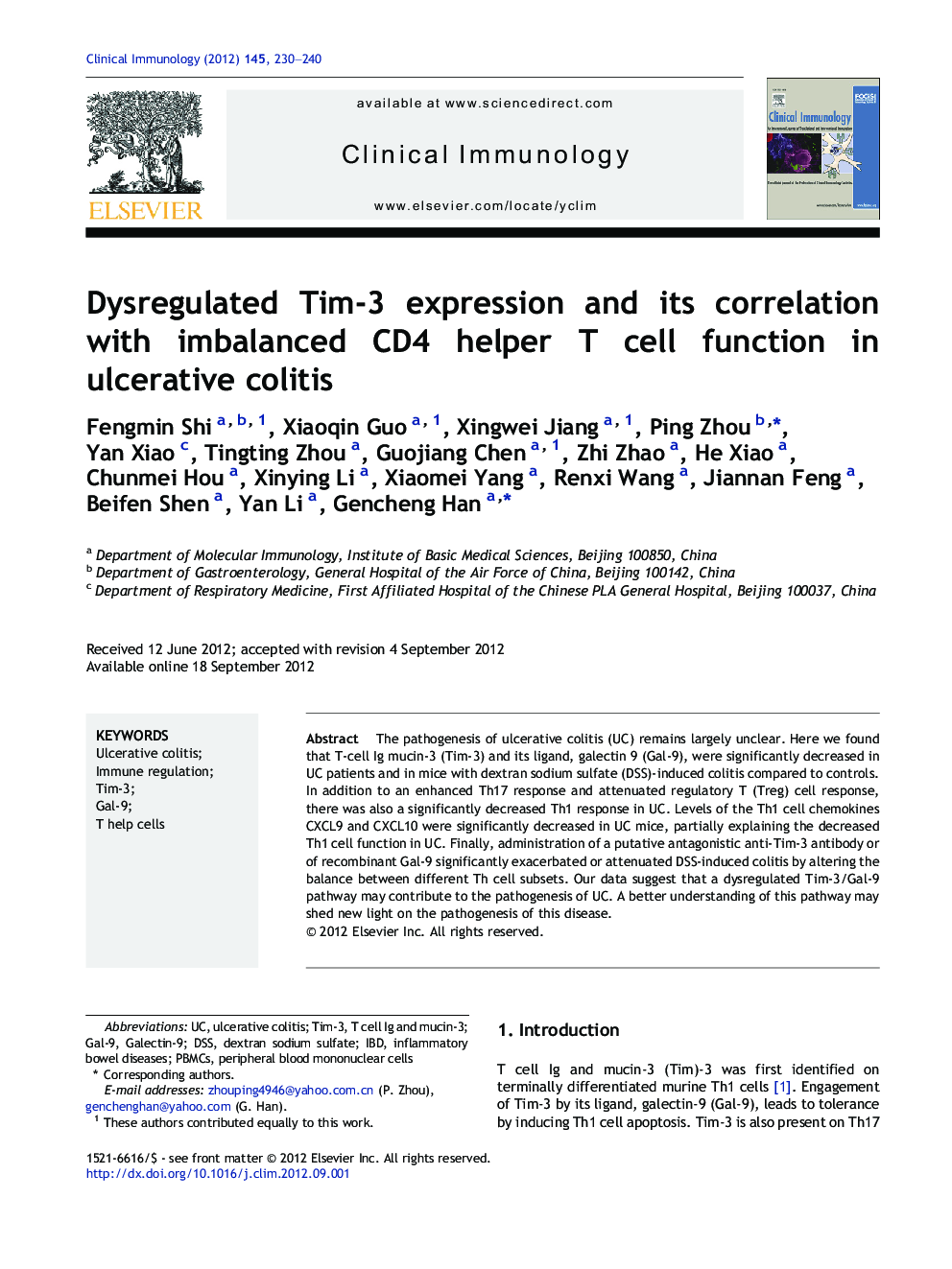 Dysregulated Tim-3 expression and its correlation with imbalanced CD4 helper T cell function in ulcerative colitis