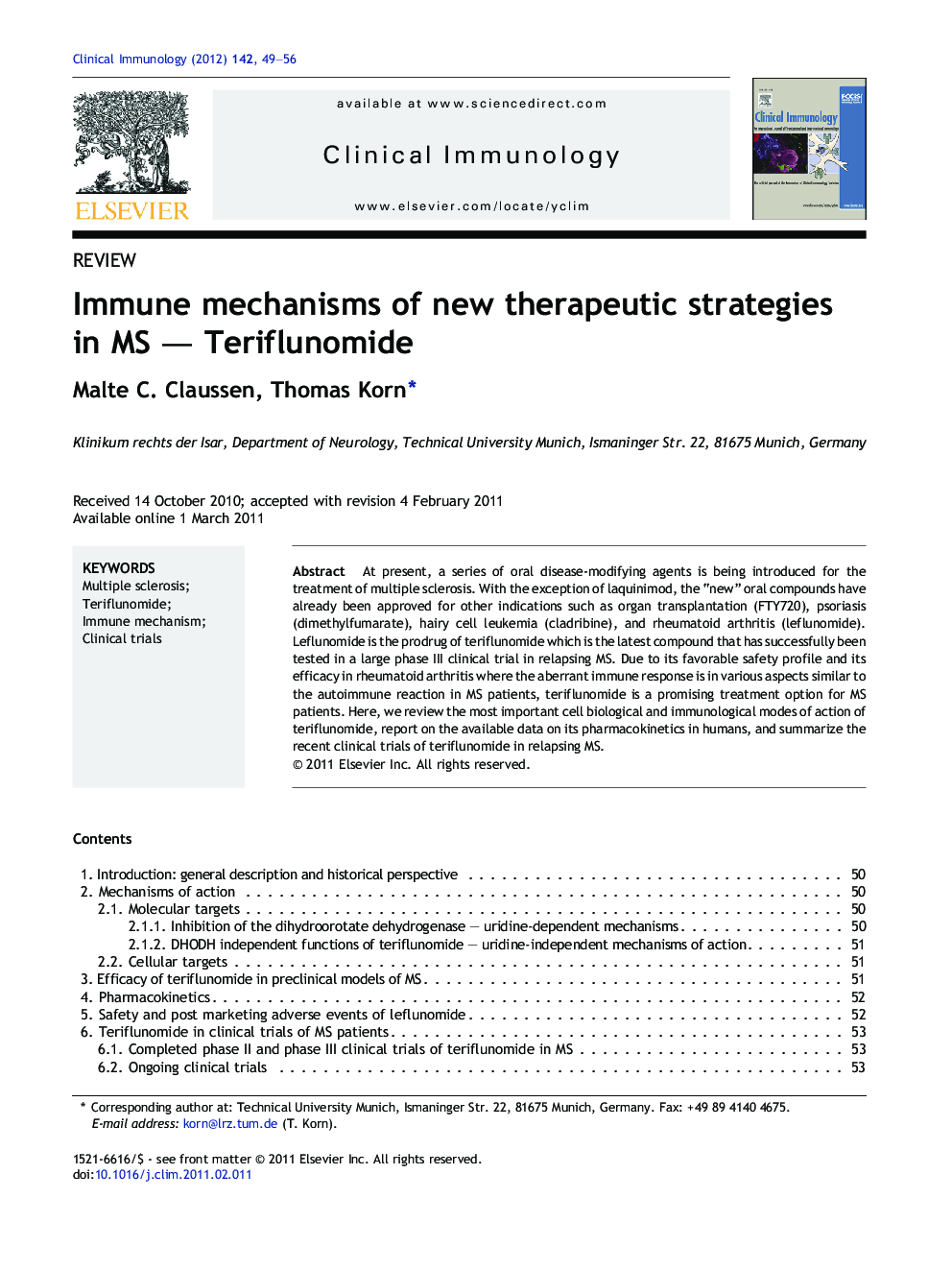 Immune mechanisms of new therapeutic strategies in MS — Teriflunomide