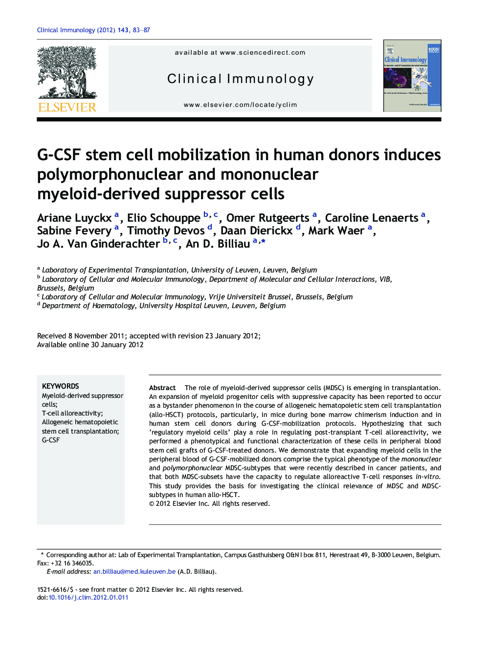 G-CSF stem cell mobilization in human donors induces polymorphonuclear and mononuclear myeloid-derived suppressor cells