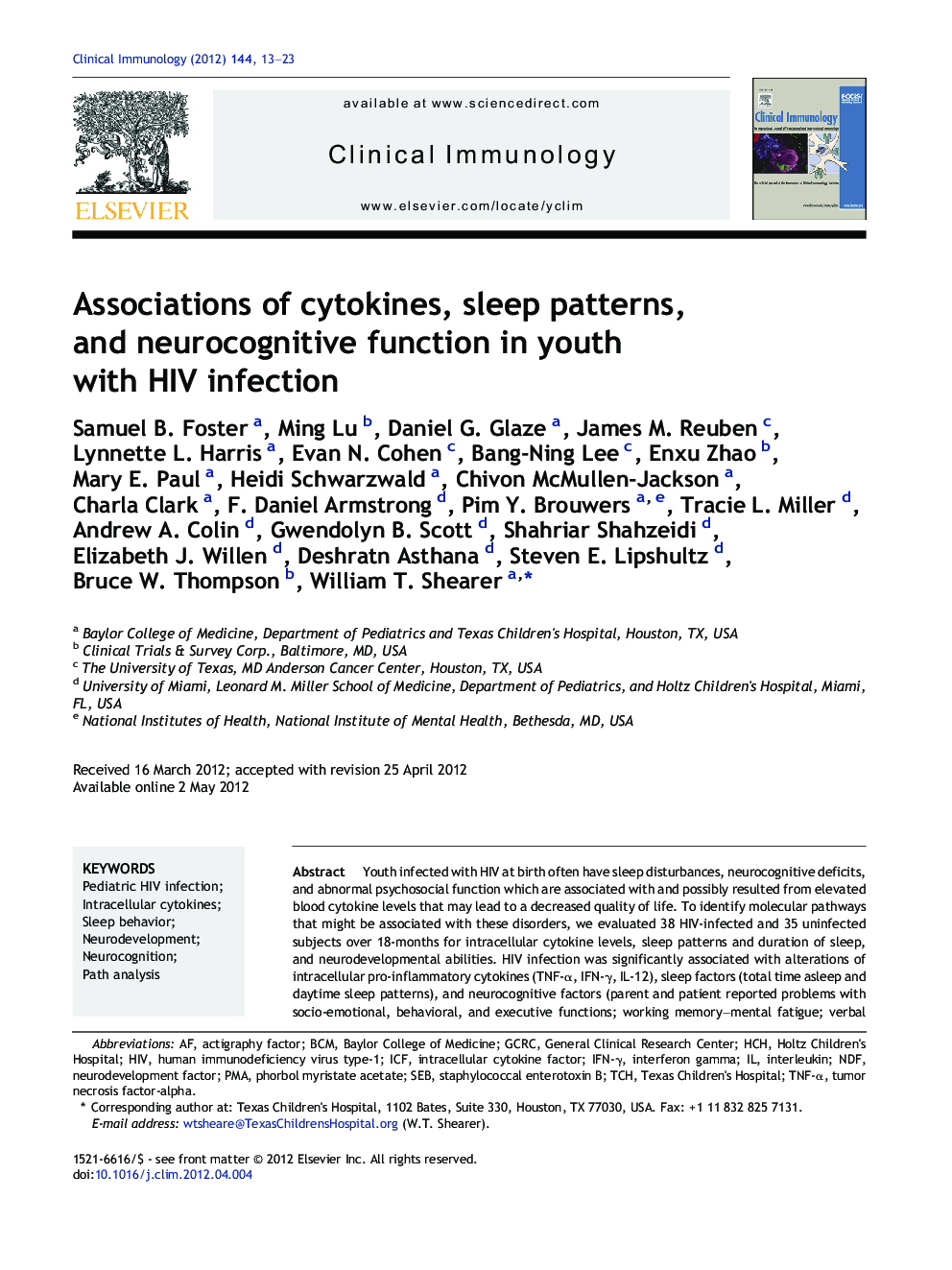 Associations of cytokines, sleep patterns, and neurocognitive function in youth with HIV infection
