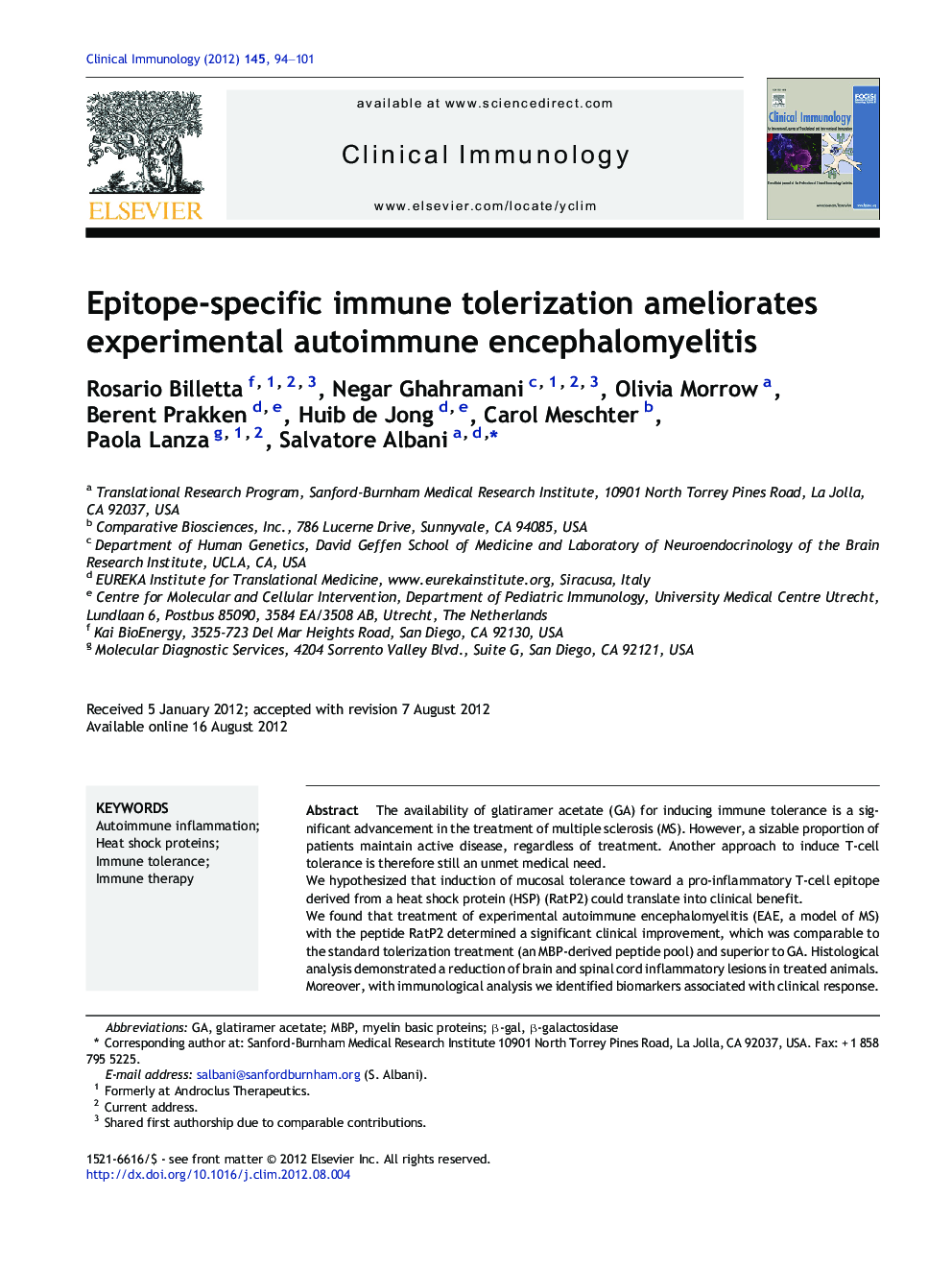 Epitope-specific immune tolerization ameliorates experimental autoimmune encephalomyelitis