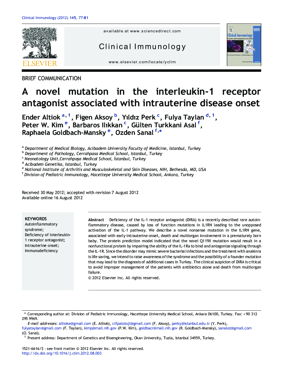 A novel mutation in the interleukin-1 receptor antagonist associated with intrauterine disease onset