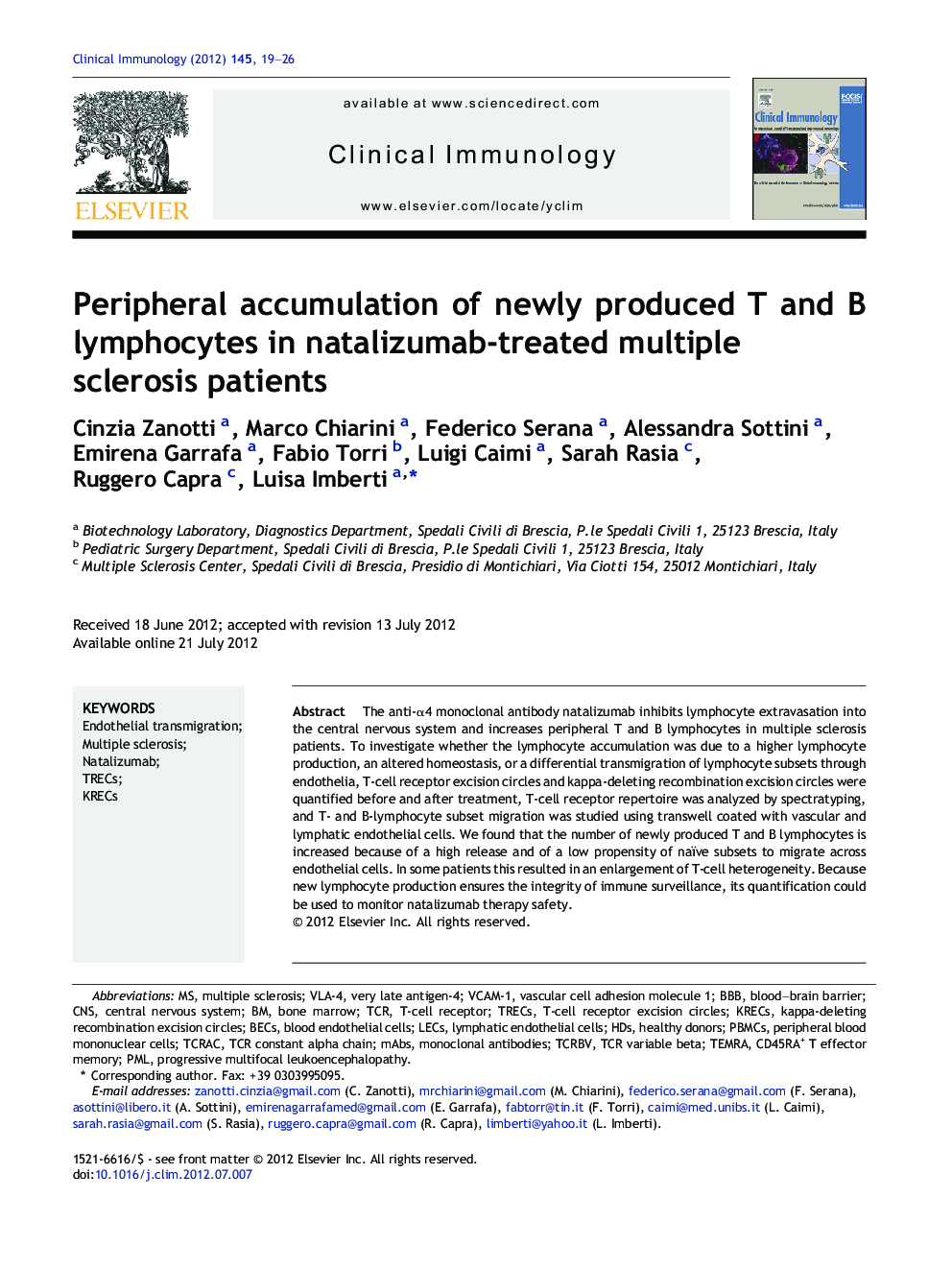 Peripheral accumulation of newly produced T and B lymphocytes in natalizumab-treated multiple sclerosis patients