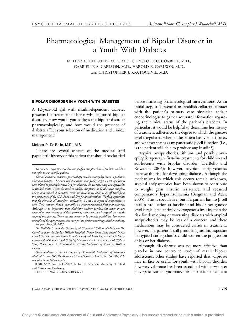 Pharmacological Management of Bipolar Disorder in a Youth With Diabetes