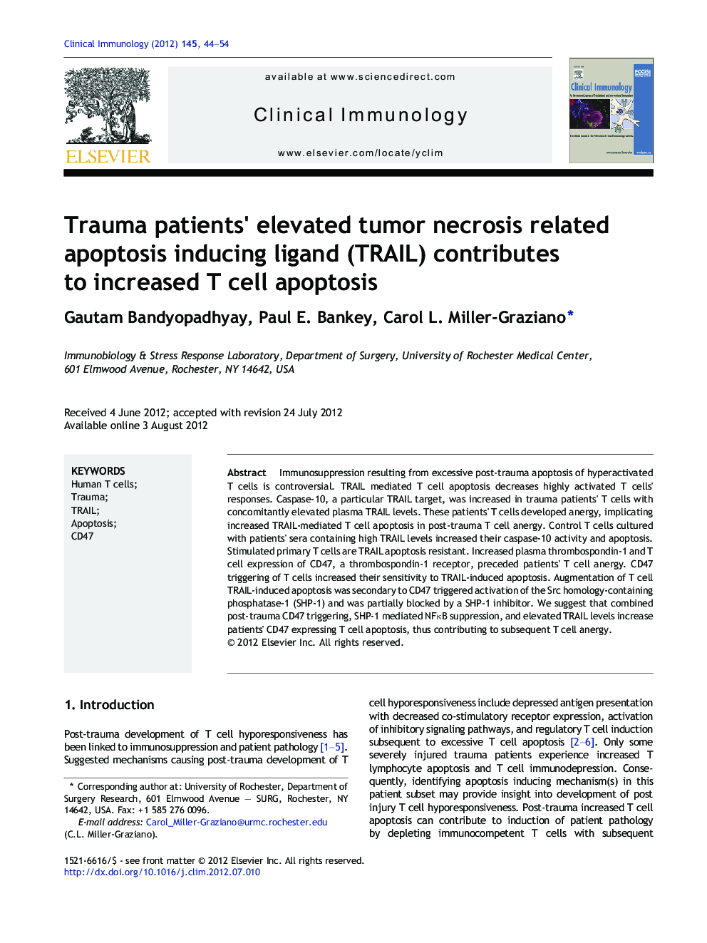 Trauma patients' elevated tumor necrosis related apoptosis inducing ligand (TRAIL) contributes to increased T cell apoptosis