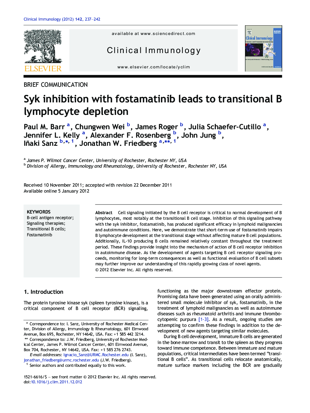 Syk inhibition with fostamatinib leads to transitional B lymphocyte depletion