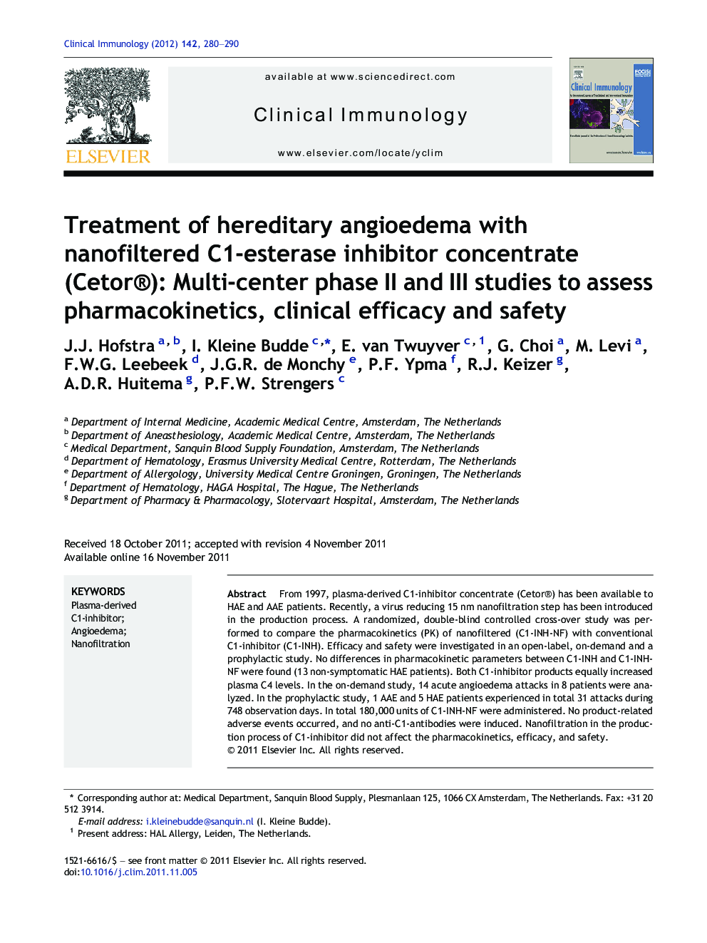 Treatment of hereditary angioedema with nanofiltered C1-esterase inhibitor concentrate (Cetor®): Multi-center phase II and III studies to assess pharmacokinetics, clinical efficacy and safety