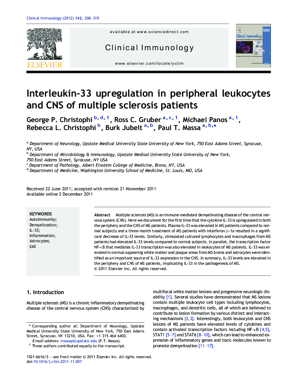 عکس صفحه اول مقاله: Interleukin-33 upregulation in peripheral leukocytes and CNS of multiple sclerosis patients Interleukin-33 upregulation in peripheral leukocytes and CNS of multiple sclerosis patients