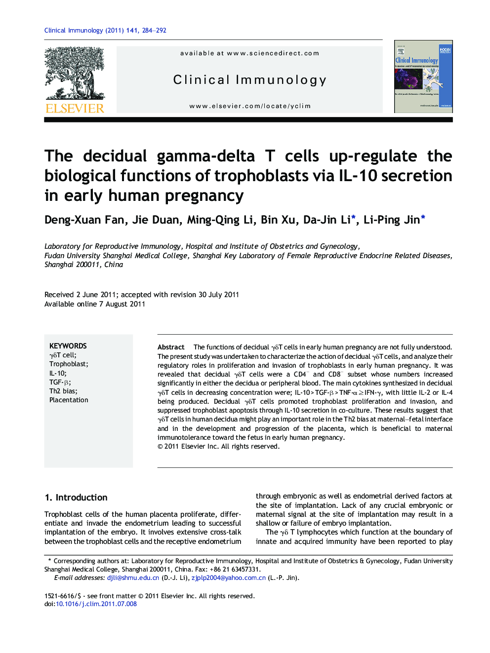 The decidual gamma-delta T cells up-regulate the biological functions of trophoblasts via IL-10 secretion in early human pregnancy