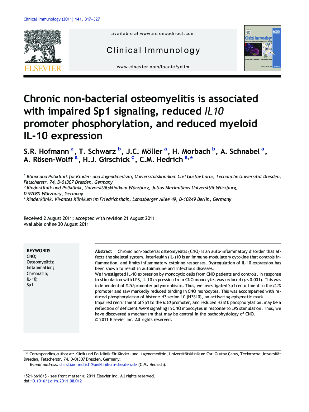 Chronic non-bacterial osteomyelitis is associated with impaired Sp1 signaling, reduced IL10 promoter phosphorylation, and reduced myeloid IL-10 expression