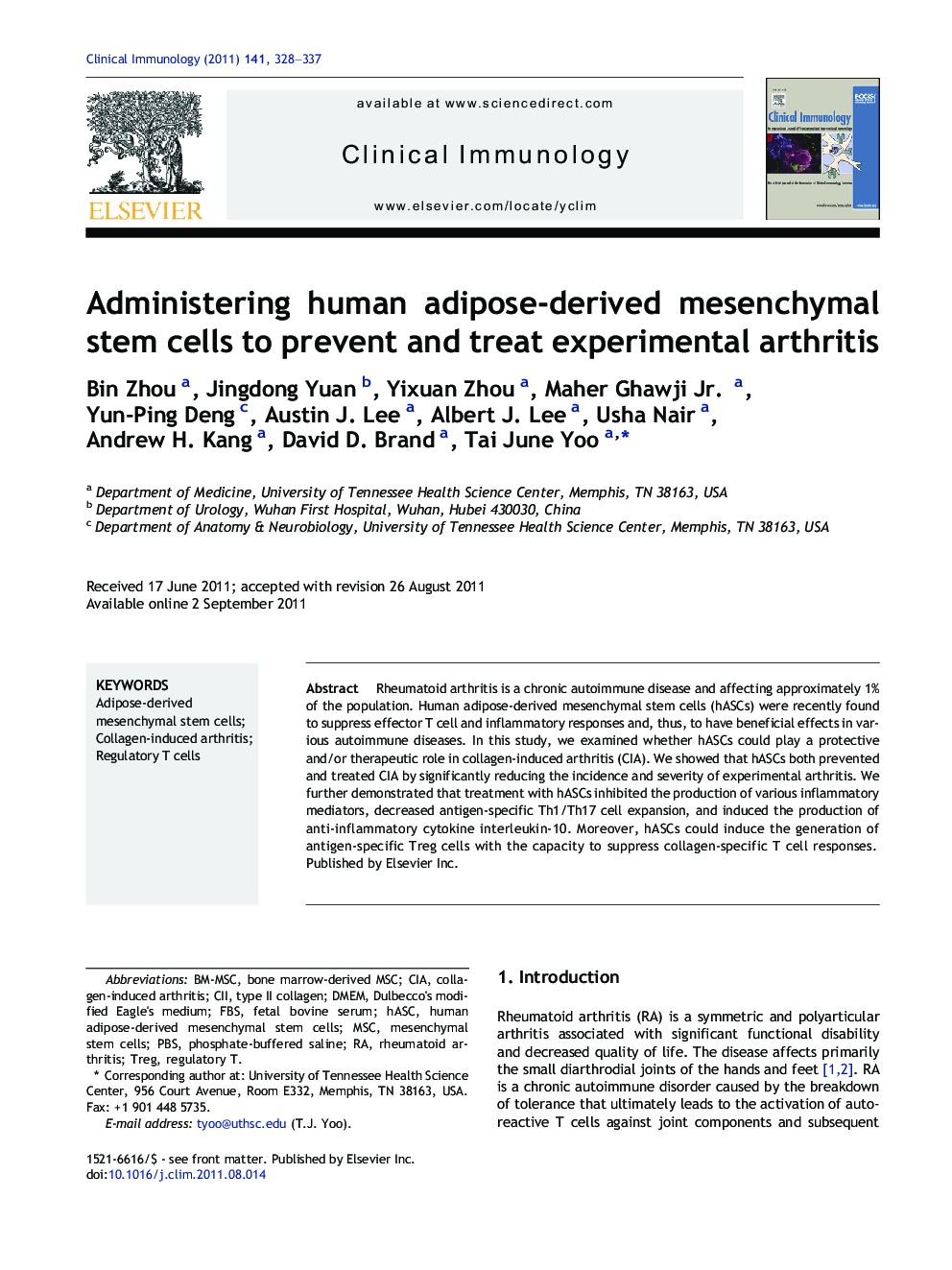 Administering human adipose-derived mesenchymal stem cells to prevent and treat experimental arthritis