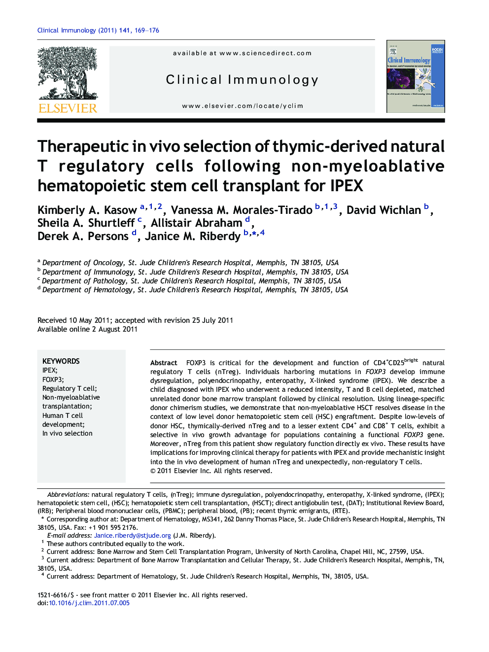 Therapeutic in vivo selection of thymic-derived natural T regulatory cells following non-myeloablative hematopoietic stem cell transplant for IPEX