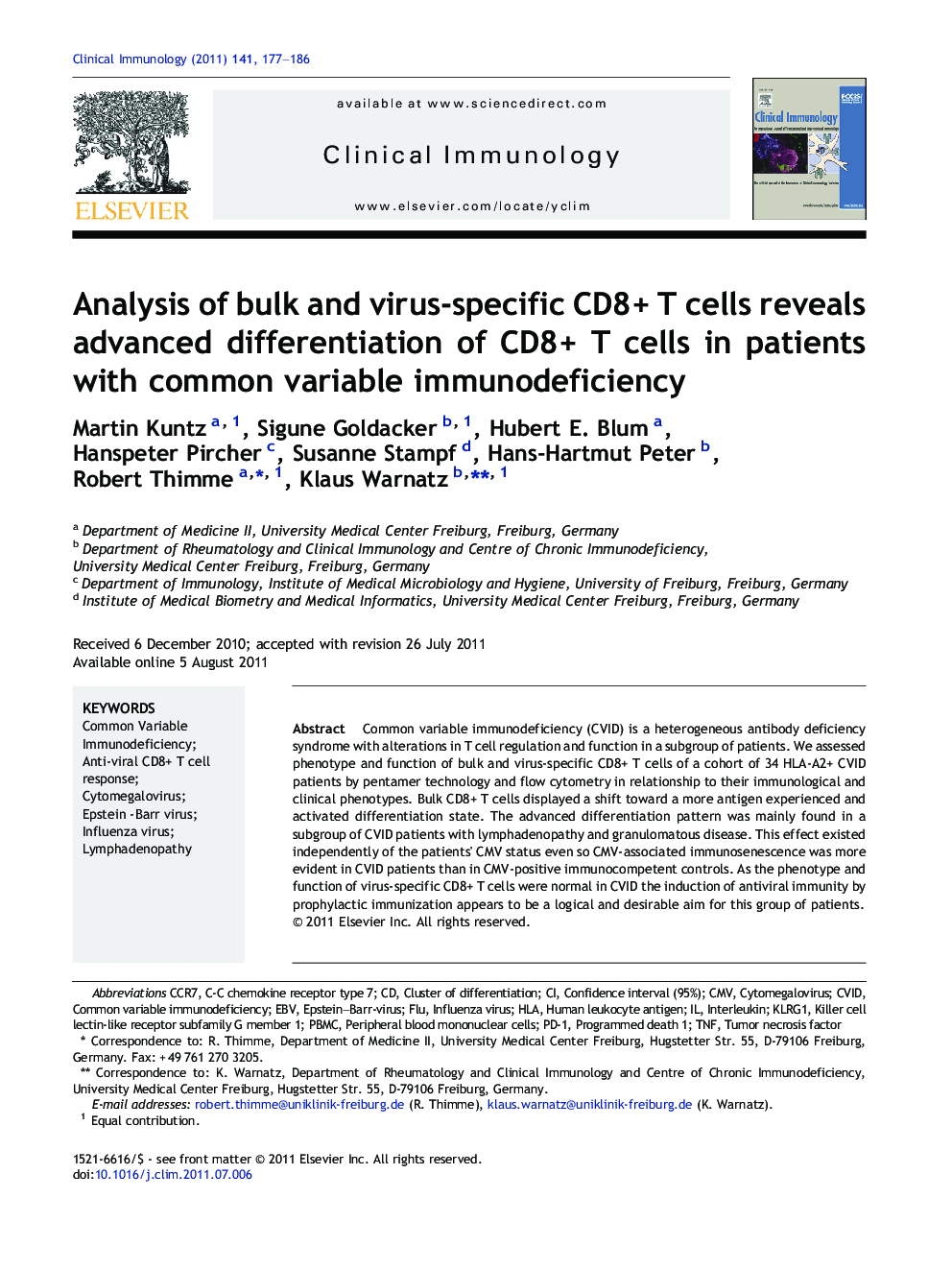 Analysis of bulk and virus-specific CD8+ T cells reveals advanced differentiation of CD8+ T cells in patients with common variable immunodeficiency