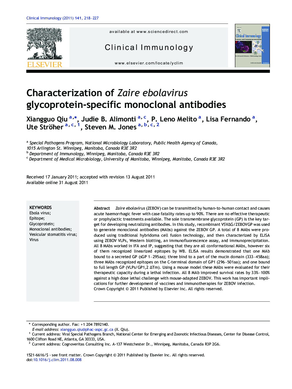 Characterization of Zaire ebolavirus glycoprotein-specific monoclonal antibodies