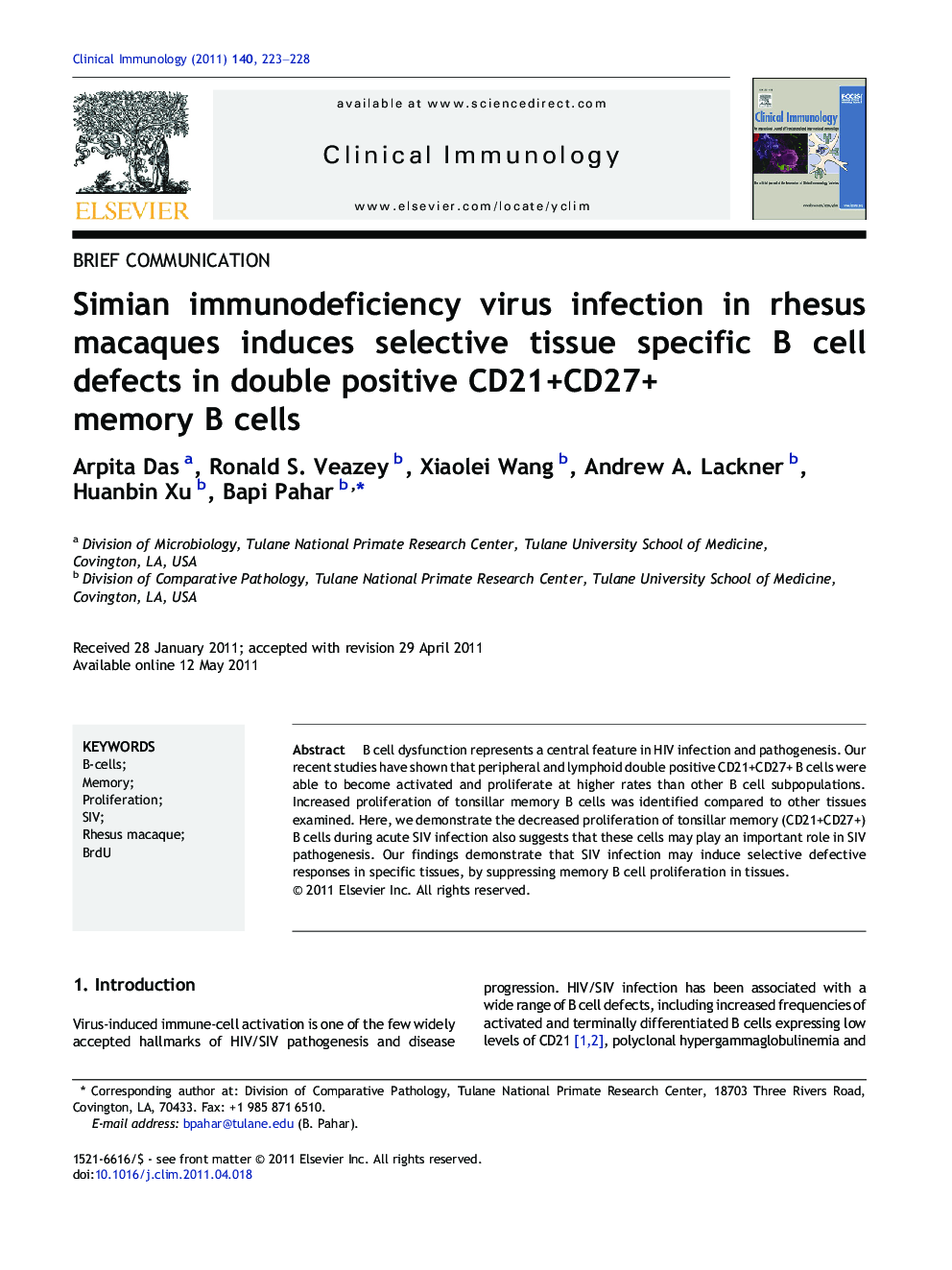 Simian immunodeficiency virus infection in rhesus macaques induces selective tissue specific B cell defects in double positive CD21+CD27+ memory B cells