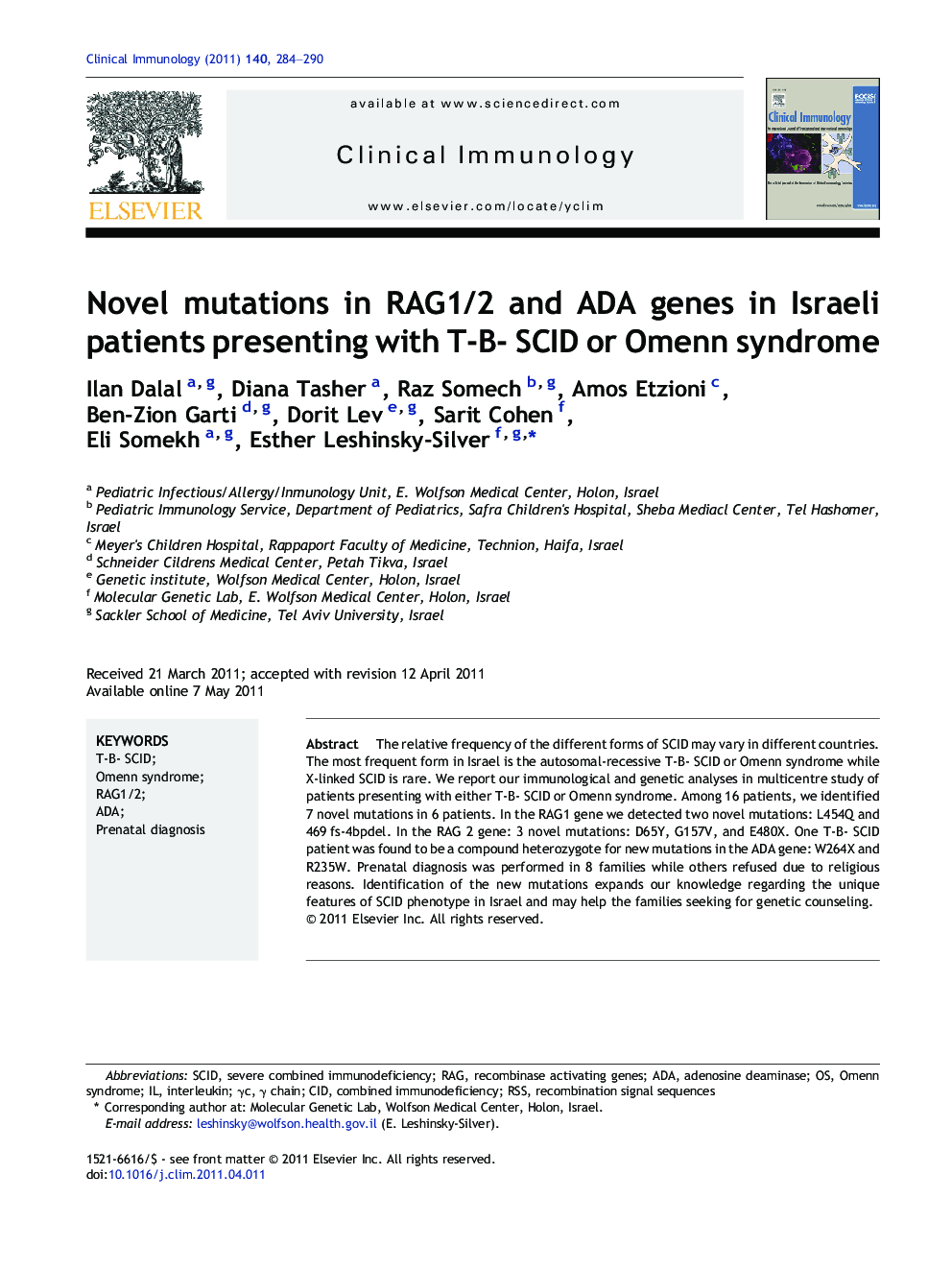 Novel mutations in RAG1/2 and ADA genes in Israeli patients presenting with T-B- SCID or Omenn syndrome