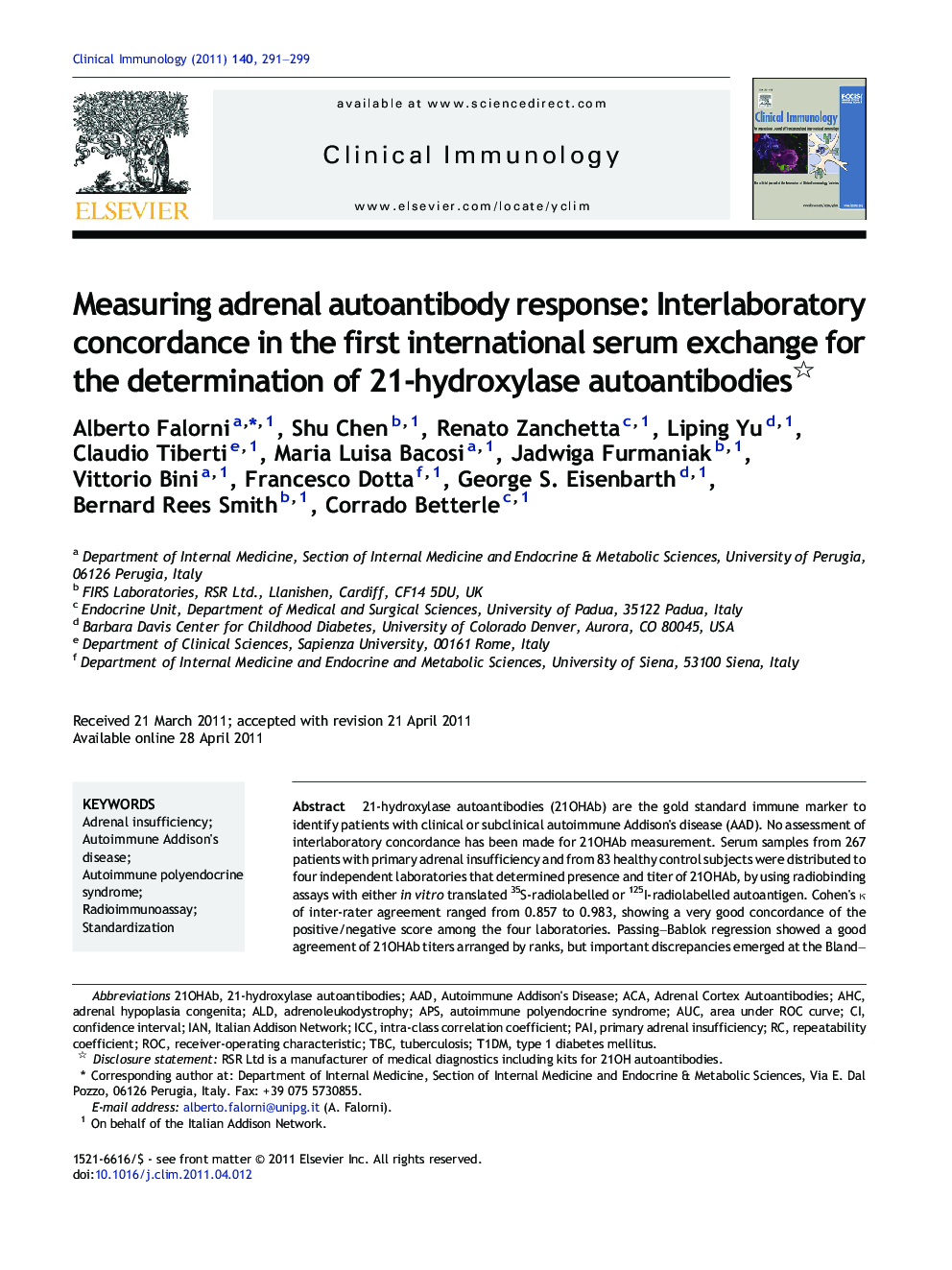 Measuring adrenal autoantibody response: Interlaboratory concordance in the first international serum exchange for the determination of 21-hydroxylase autoantibodies