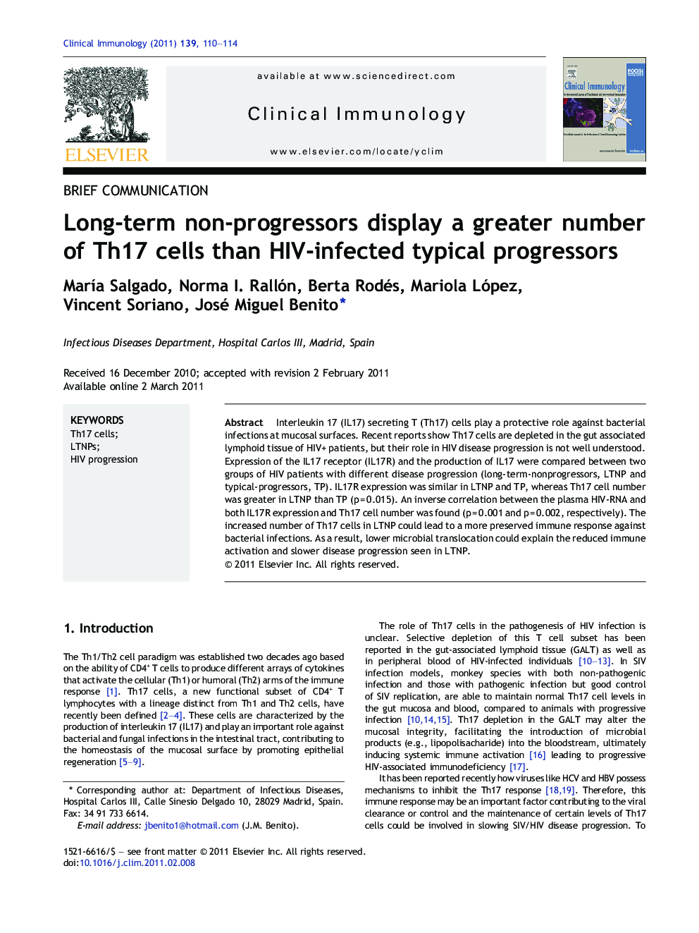 Long-term non-progressors display a greater number of Th17 cells than HIV-infected typical progressors