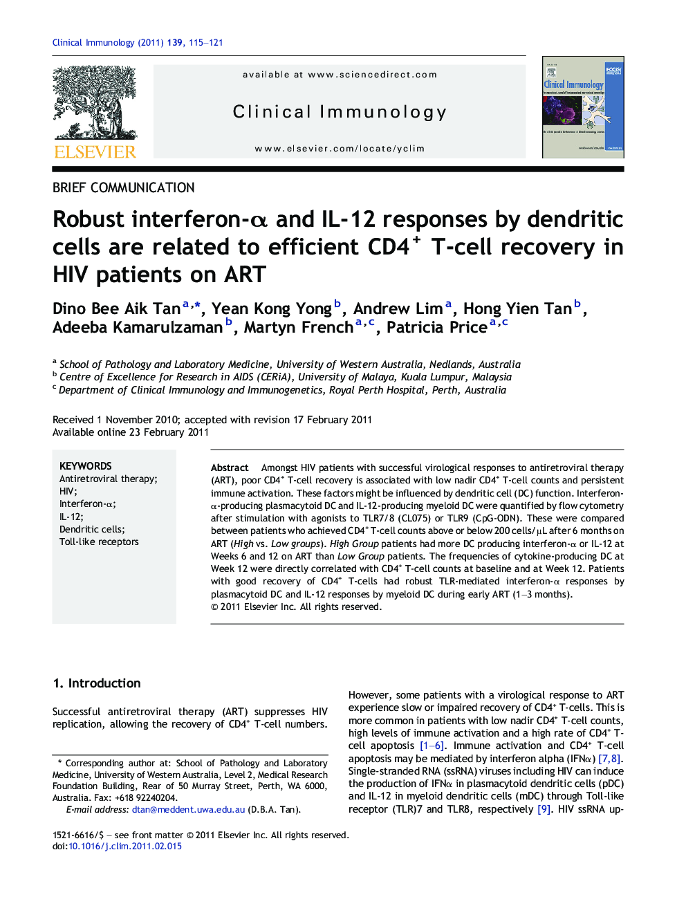 Robust interferon-Î± and IL-12 responses by dendritic cells are related to efficient CD4+ T-cell recovery in HIV patients on ART