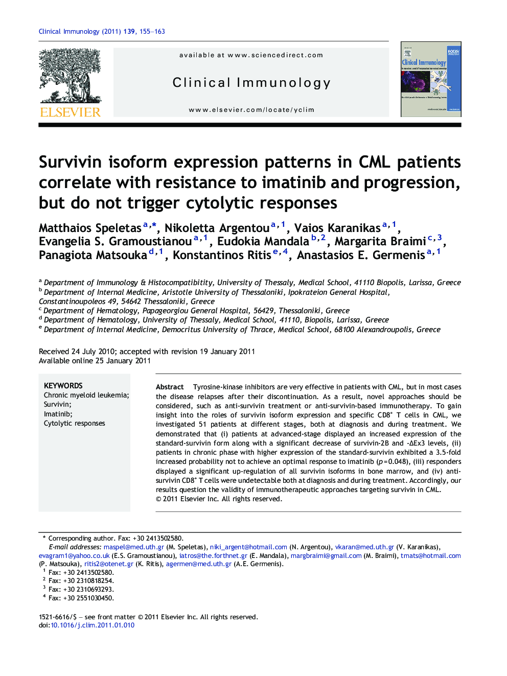 Survivin isoform expression patterns in CML patients correlate with resistance to imatinib and progression, but do not trigger cytolytic responses