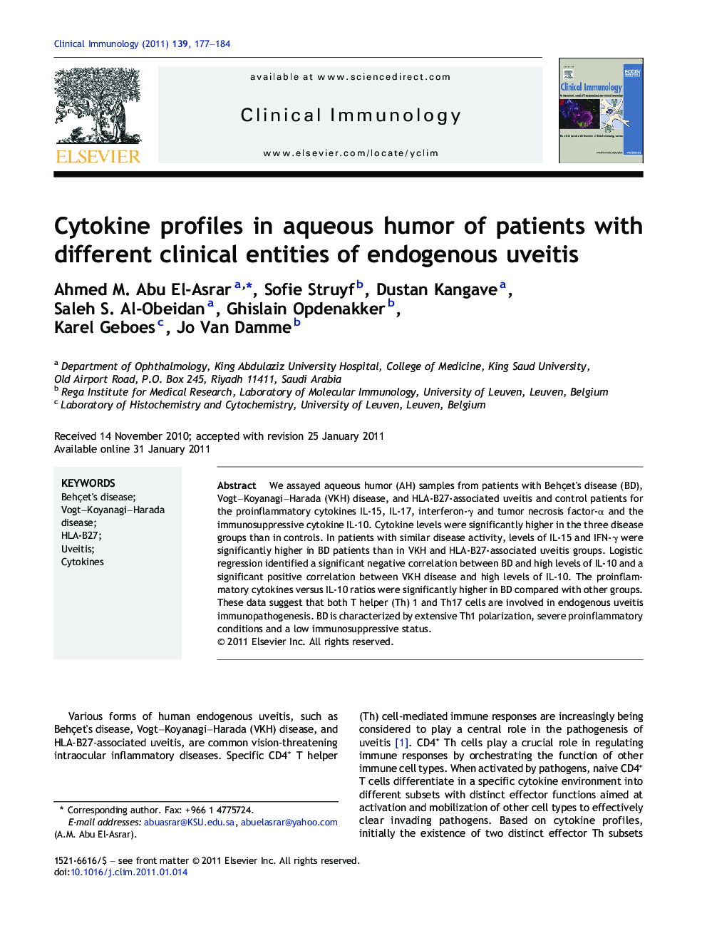 Cytokine profiles in aqueous humor of patients with different clinical entities of endogenous uveitis
