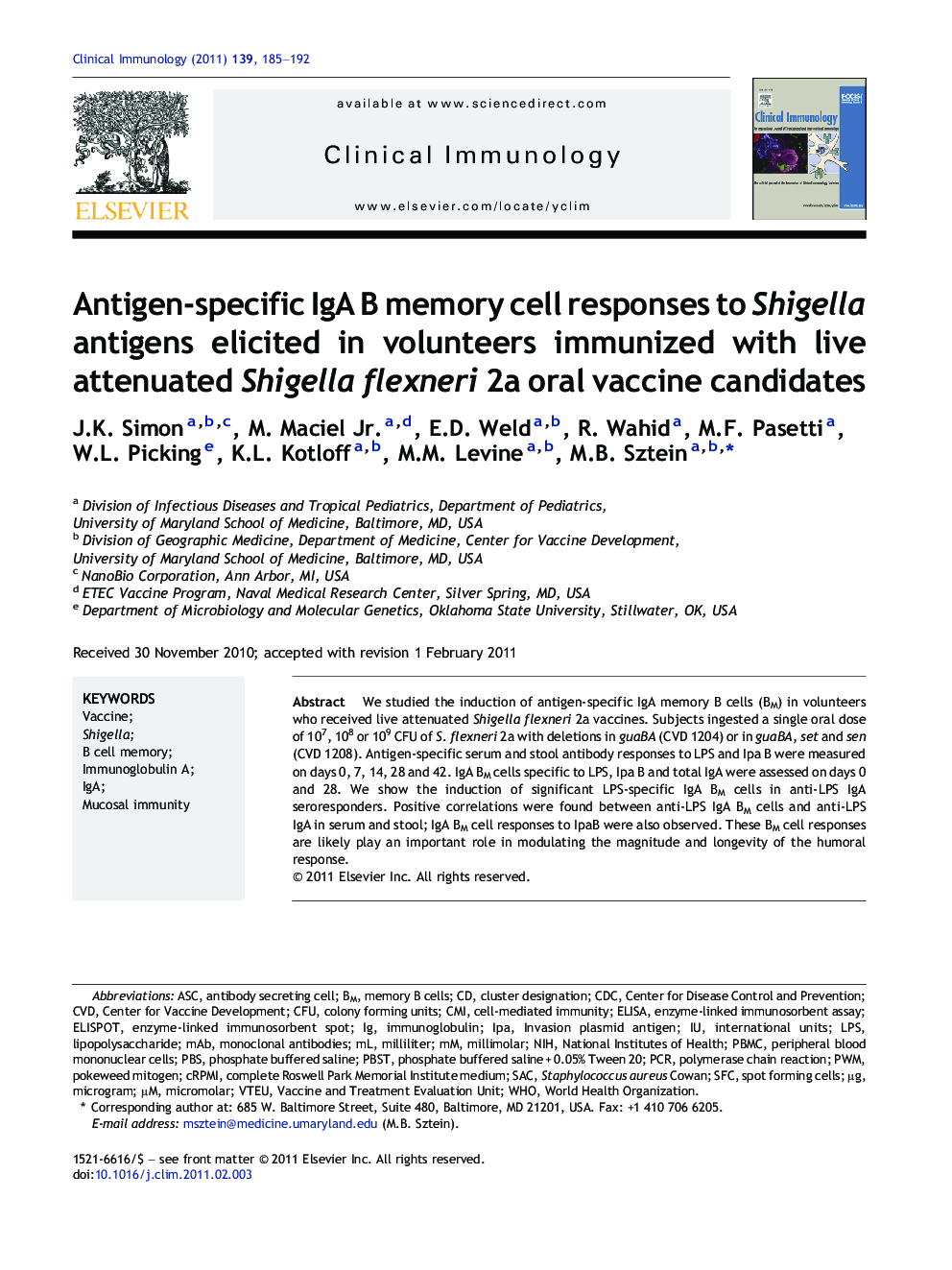 Antigen-specific IgA B memory cell responses to Shigella antigens elicited in volunteers immunized with live attenuated Shigella flexneri 2a oral vaccine candidates