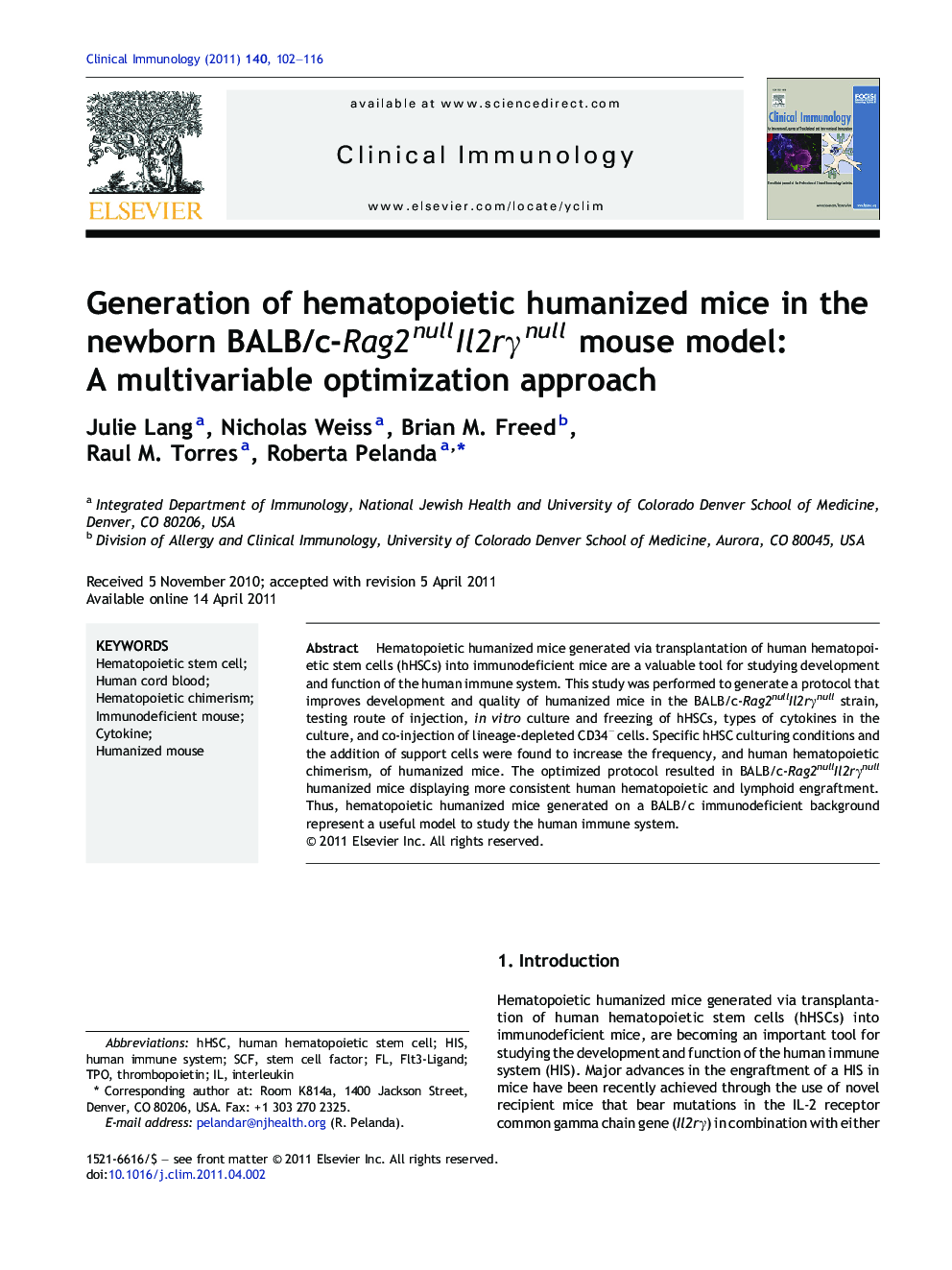 Generation of hematopoietic humanized mice in the newborn BALB/c-Rag2nullIl2rγnull mouse model: A multivariable optimization approach