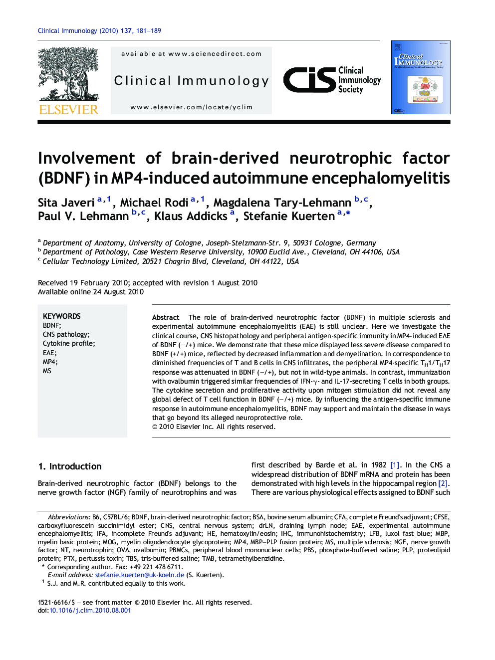 Involvement of brain-derived neurotrophic factor (BDNF) in MP4-induced autoimmune encephalomyelitis