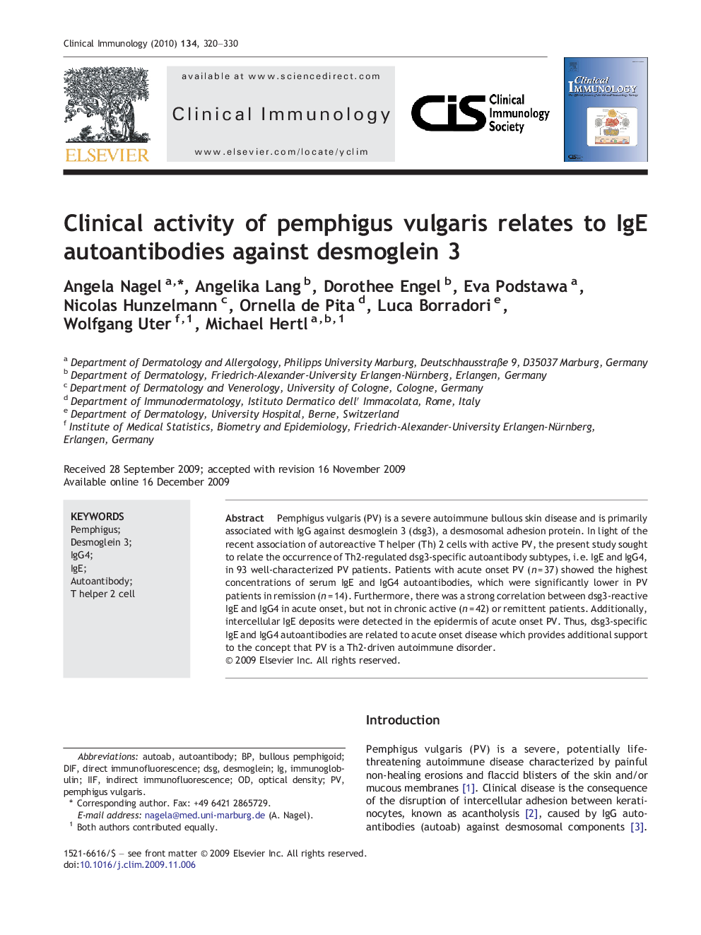 Clinical activity of pemphigus vulgaris relates to IgE autoantibodies against desmoglein 3