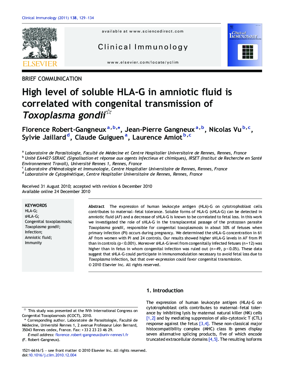 High level of soluble HLA-G in amniotic fluid is correlated with congenital transmission of Toxoplasma gondii 