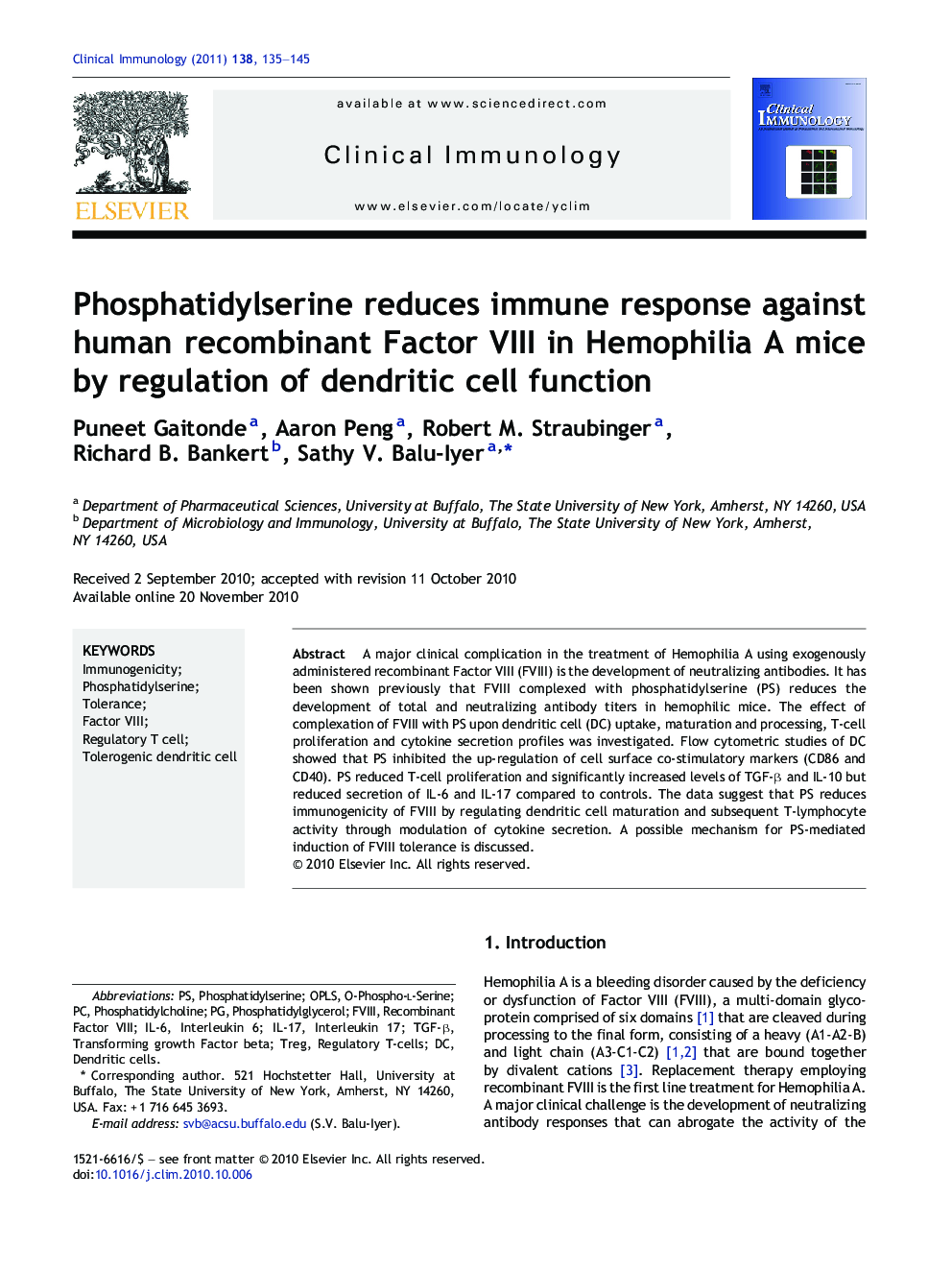 Phosphatidylserine reduces immune response against human recombinant Factor VIII in Hemophilia A mice by regulation of dendritic cell function