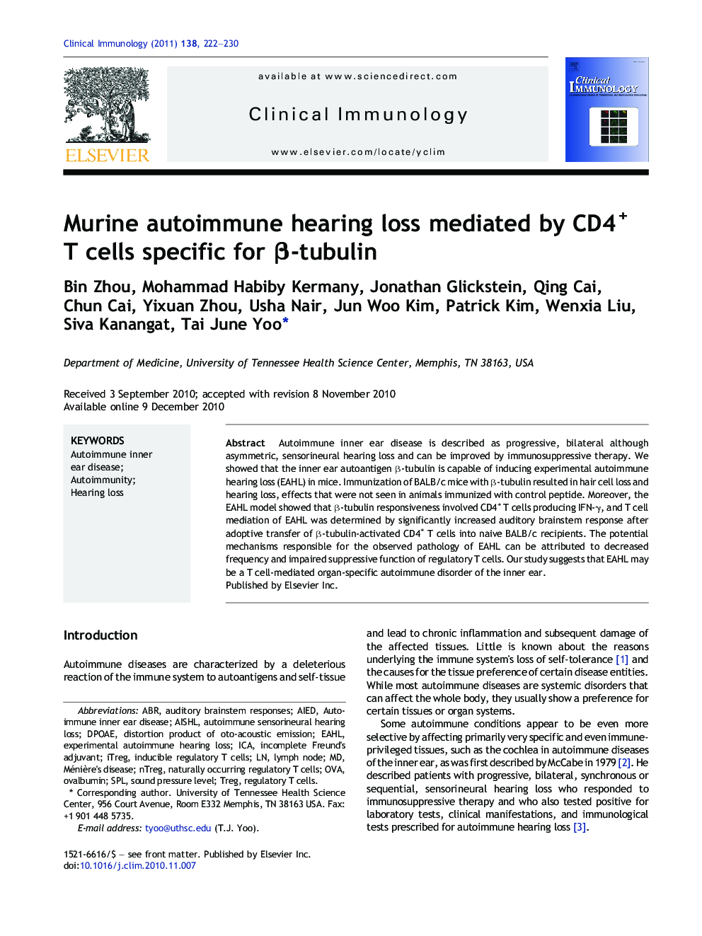 Murine autoimmune hearing loss mediated by CD4+ T cells specific for β-tubulin