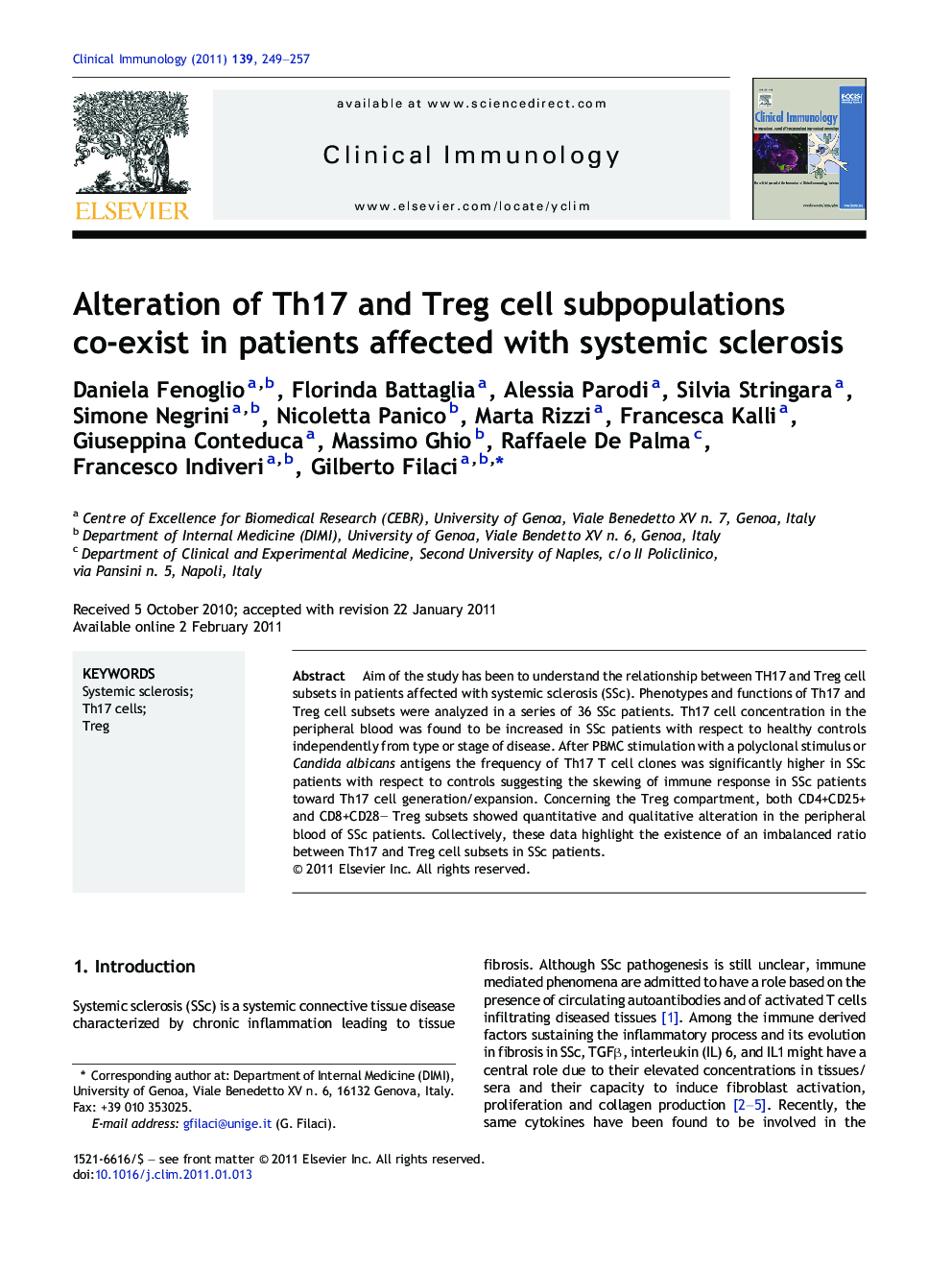 Alteration of Th17 and Treg cell subpopulations co-exist in patients affected with systemic sclerosis