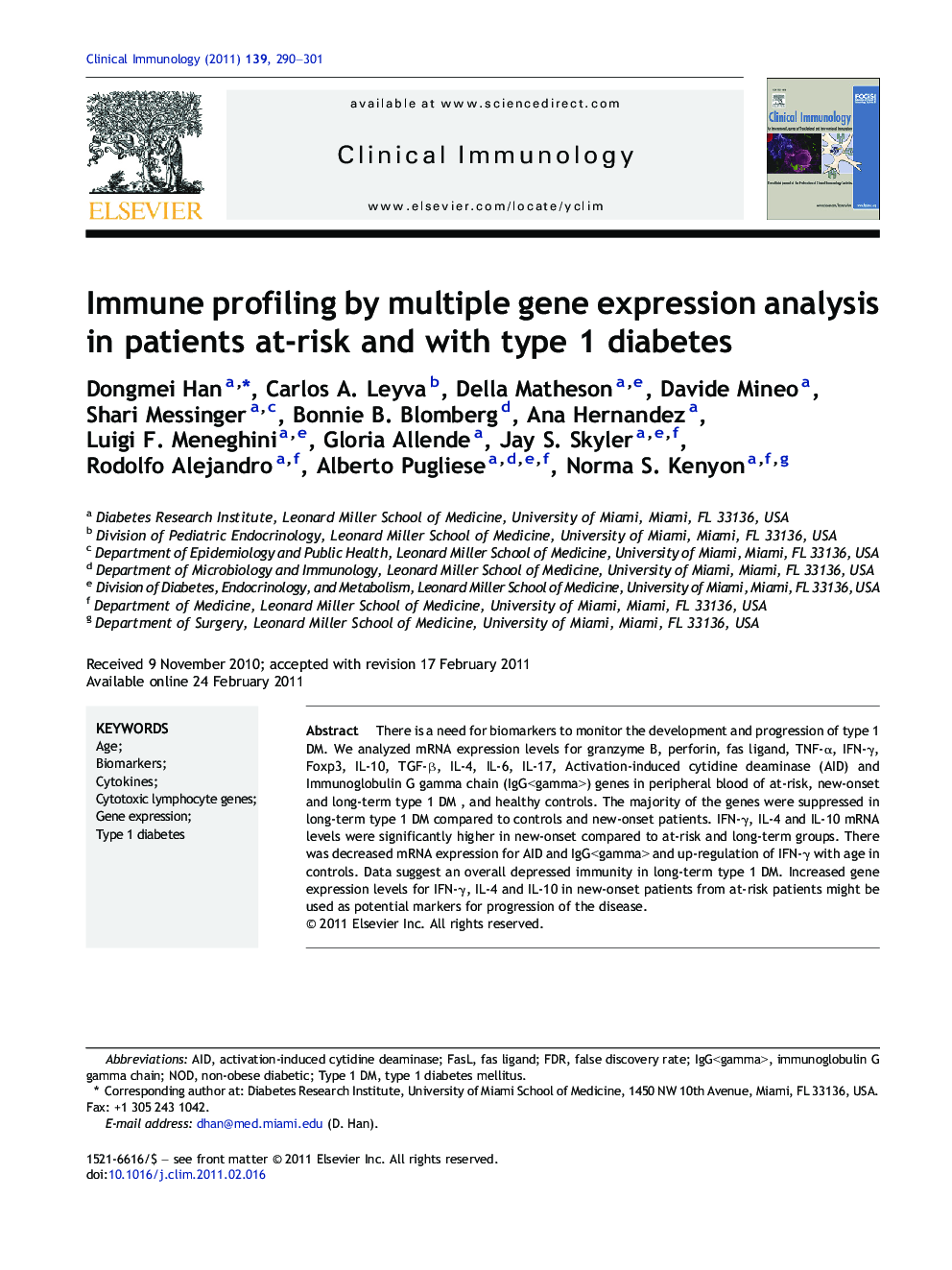 Immune profiling by multiple gene expression analysis in patients at-risk and with type 1 diabetes