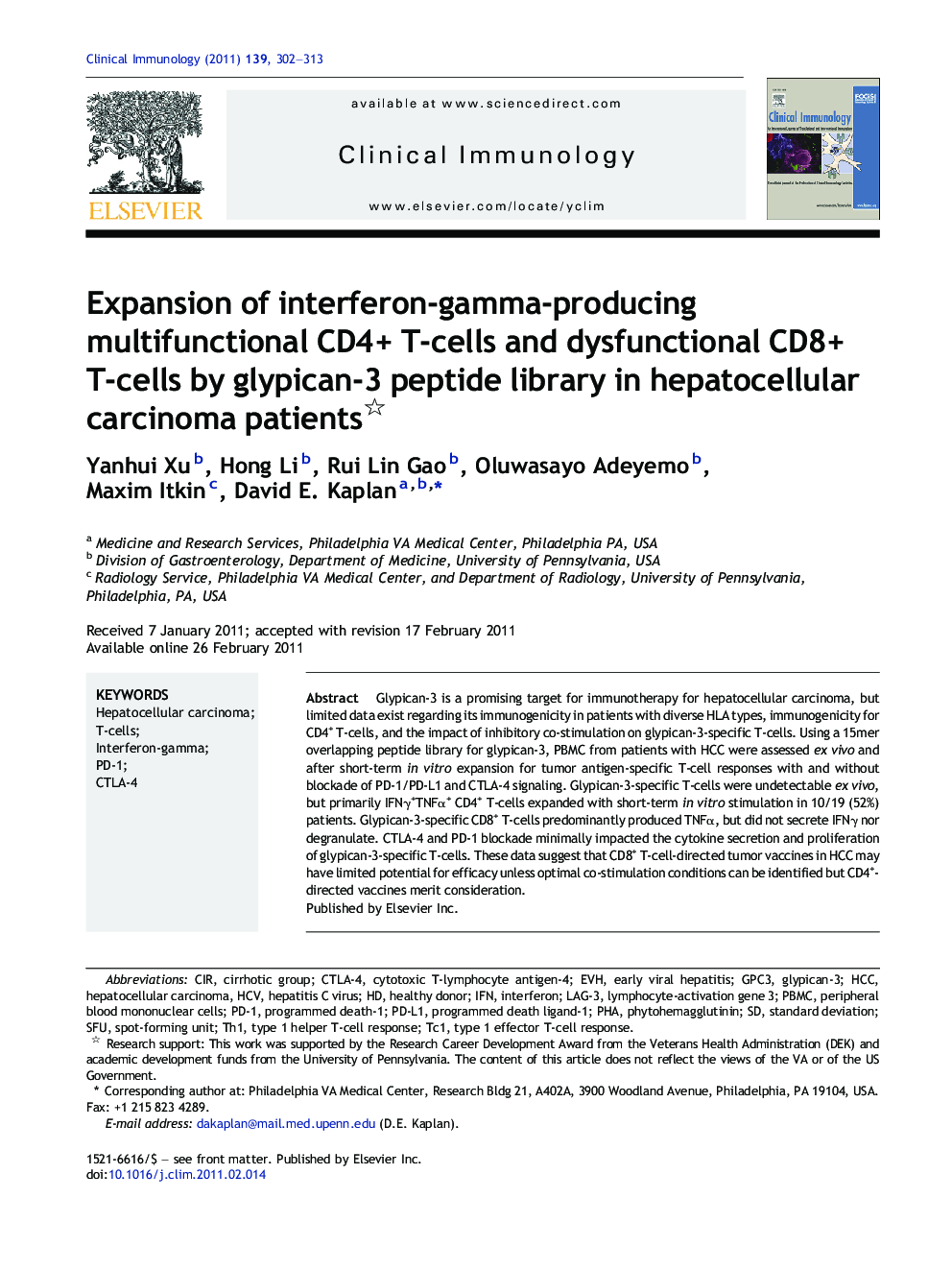 Expansion of interferon-gamma-producing multifunctional CD4+ T-cells and dysfunctional CD8+ T-cells by glypican-3 peptide library in hepatocellular carcinoma patients 