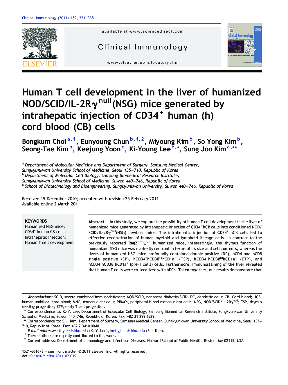 Human T cell development in the liver of humanized NOD/SCID/IL-2Rγnull(NSG) mice generated by intrahepatic injection of CD34+ human (h) cord blood (CB) cells