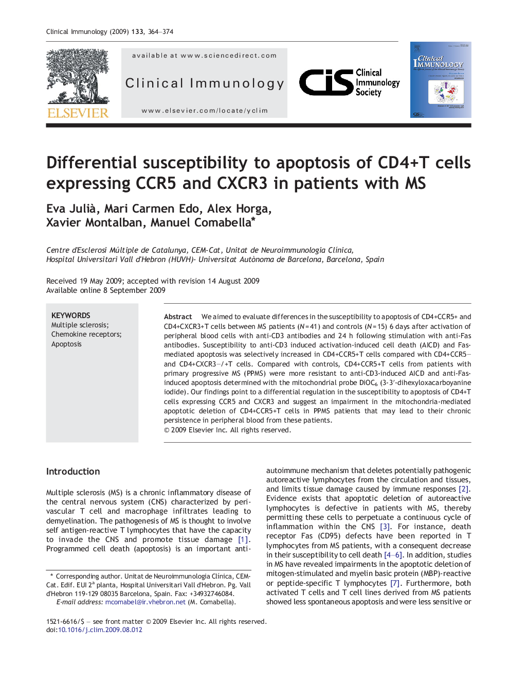 Differential susceptibility to apoptosis of CD4+T cells expressing CCR5 and CXCR3 in patients with MS