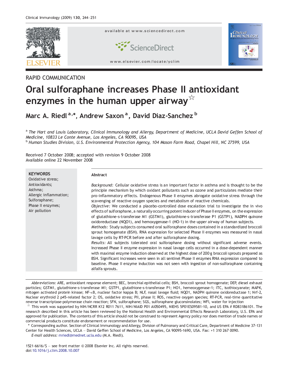 Oral sulforaphane increases Phase II antioxidant enzymes in the human upper airway 