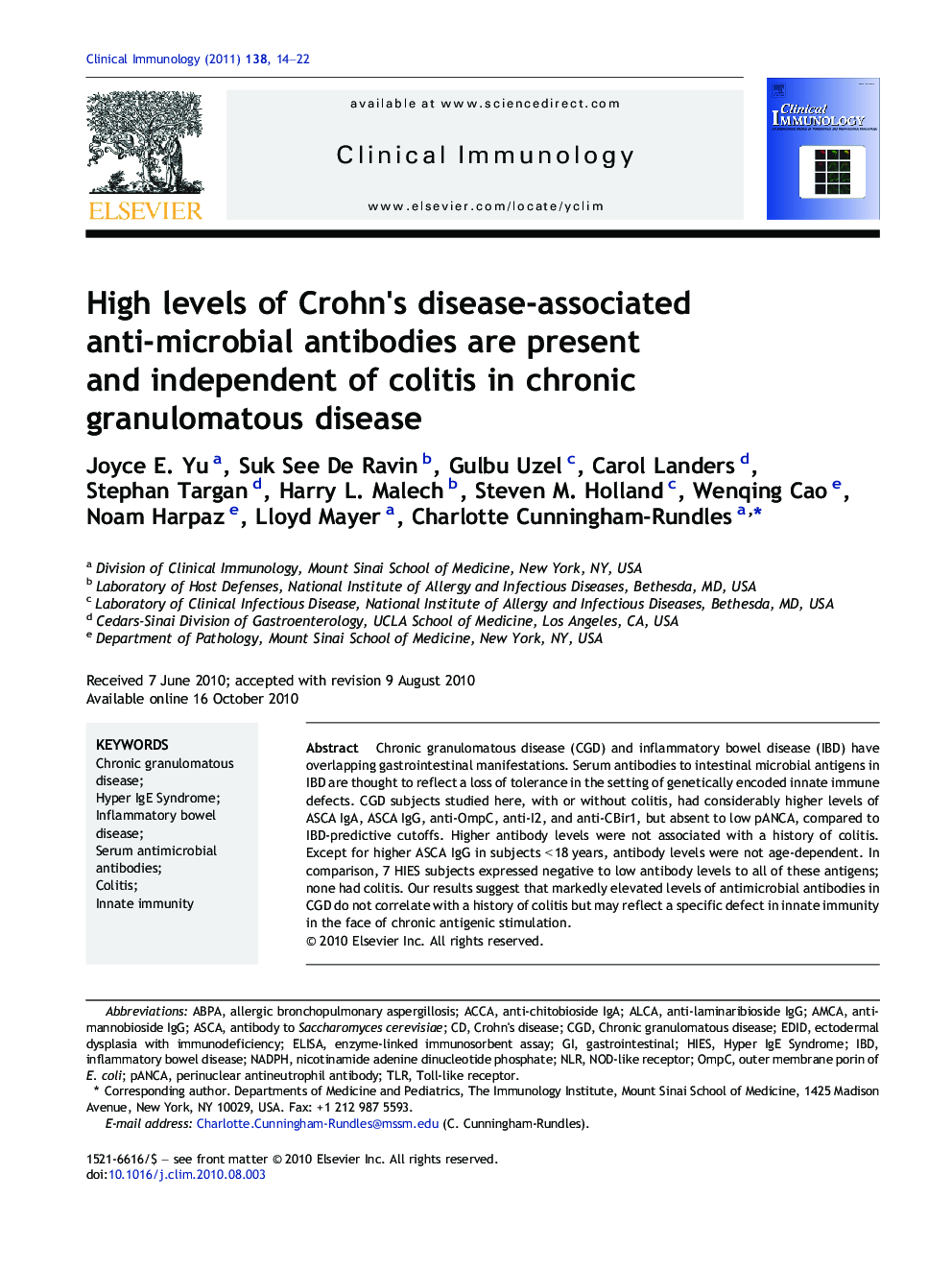 High levels of Crohn's disease-associated anti-microbial antibodies are present and independent of colitis in chronic granulomatous disease