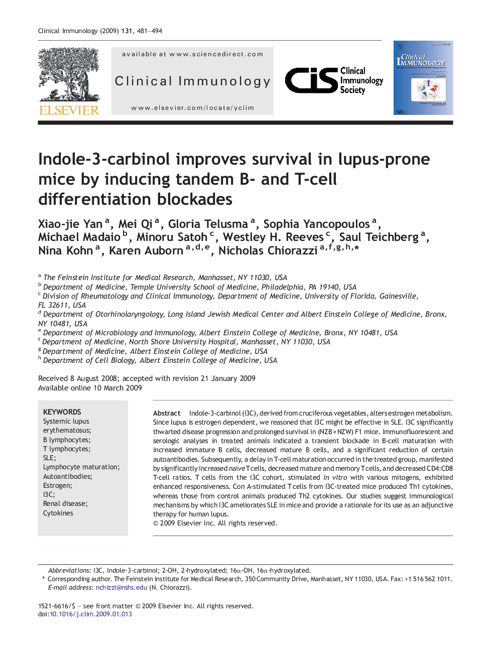 Indole-3-carbinol improves survival in lupus-prone mice by inducing tandem B- and T-cell differentiation blockades